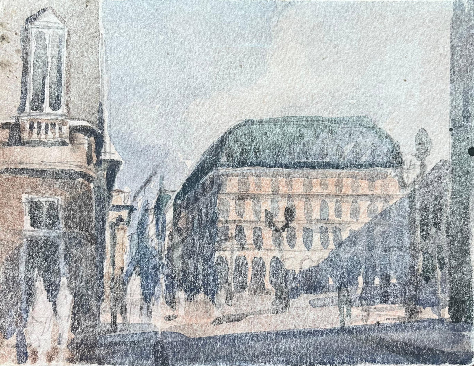 French Impressionist Watercolor of Sunlit Parisian Street Scene: Title: French Impressionist Watercolor of Sunlit Parisian Street Scene By Maurice Mazeilie (French 1924-2021) Medium: Watercolor on paper, unframed Size: 5 x 6.5 inches (Height x Width) Stamped: Verso