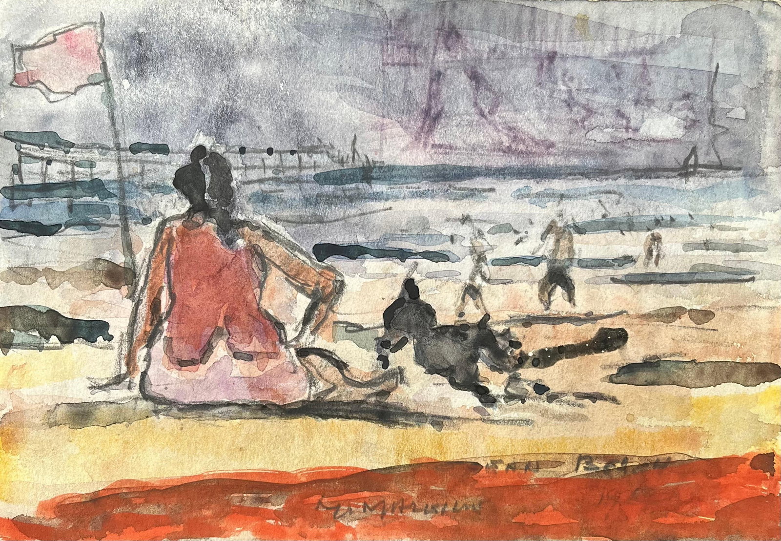French Impressionist Watercolor of a Beach Scene with Figures and Dog: Title: French Impressionist Watercolor of a Beach Scene with Figures and Dog By Maurice Mazeilie (French 1924-2021) Medium: Watercolor on paper, unframed Size: 6.25 x 9.25 inches (Height x Width) Sign