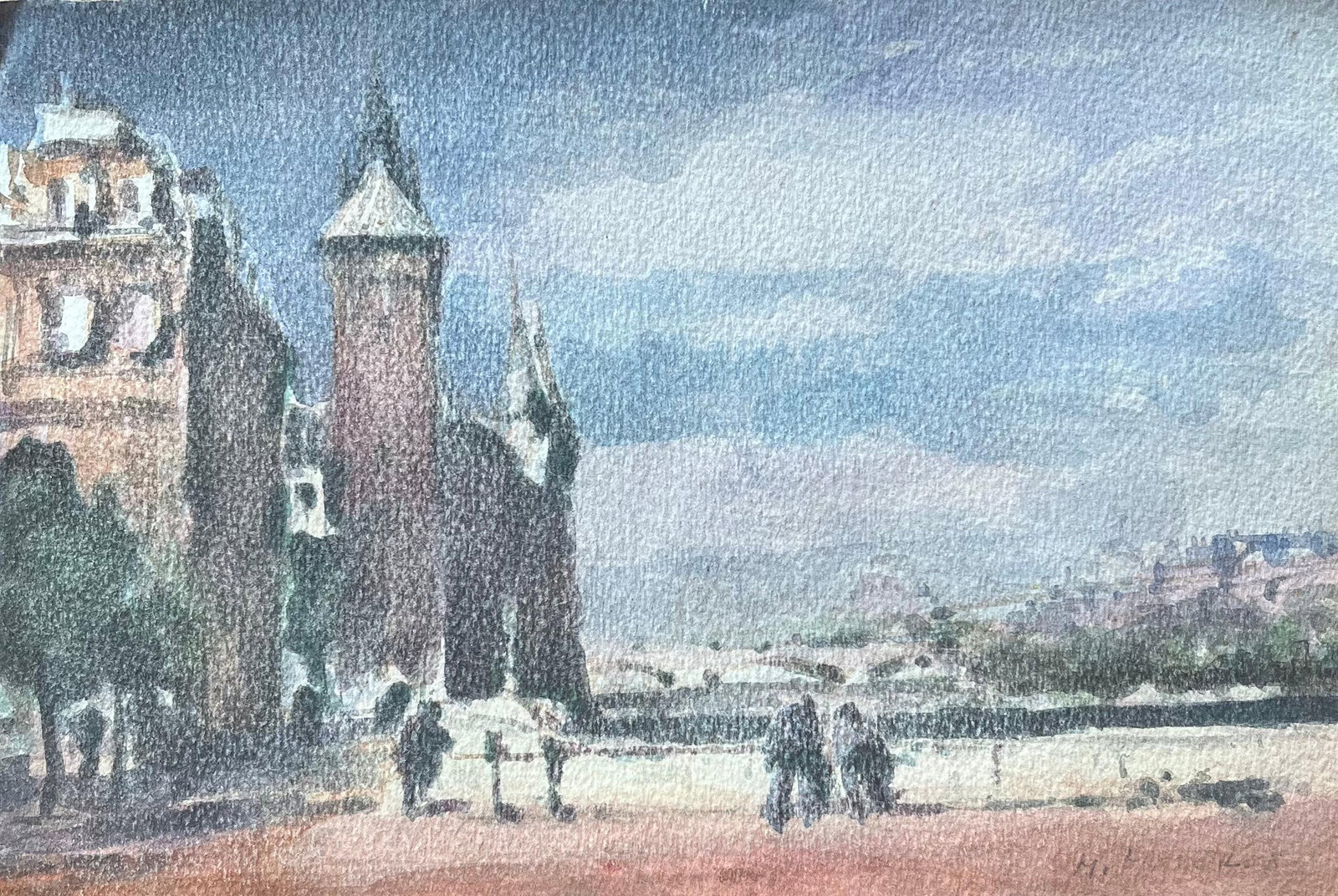 French Impressionist Watercolor of Towers by the River in Paris: Title: French Impressionist Watercolor of Towers by the River in Paris By Maurice Mazeilie (French 1924-2021) Medium: Watercolor on paper, unframed Size: 7.5 x 11 inches (Height x Width) Signed: Yes C