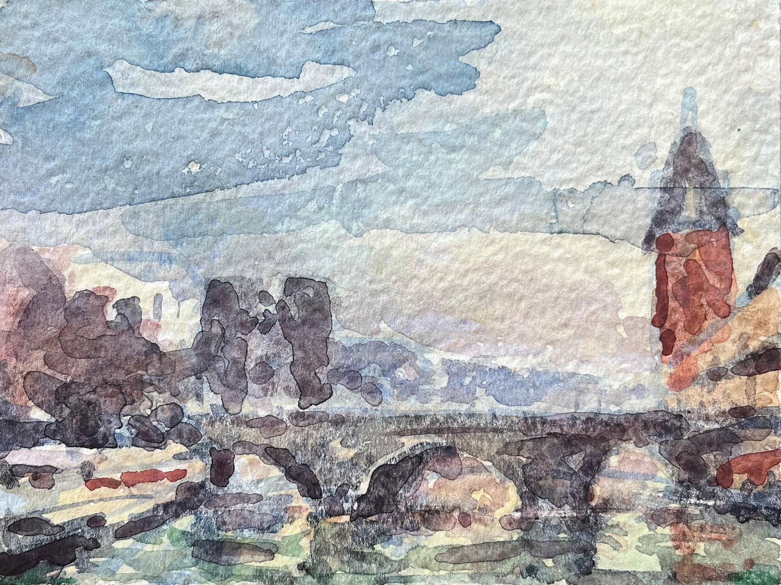 French Impressionist Watercolor of the Pont Neuf and the Seine River: Title: French Impressionist Watercolor of the Pont Neuf and the Seine River By Maurice Mazeilie (French 1924-2021) Medium: Watercolor on paper, unframed Size: 4.75 x 6.25 inches (Height x Width) Stamp