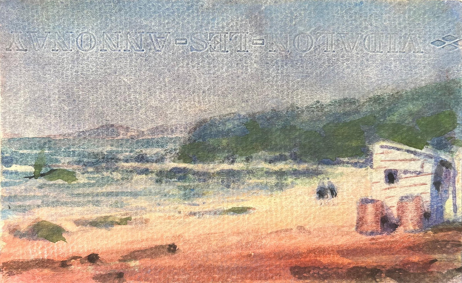 French Impressionist Watercolor of a Coastal Scene with Outbuildings: Title: French Impressionist Watercolor of a Coastal Scene with Outbuildings By Maurice Mazeilie (French 1924-2021) Medium: Watercolor on paper, unframed Size: 4 x 6.5 inches (Height x Width) Stamped: 