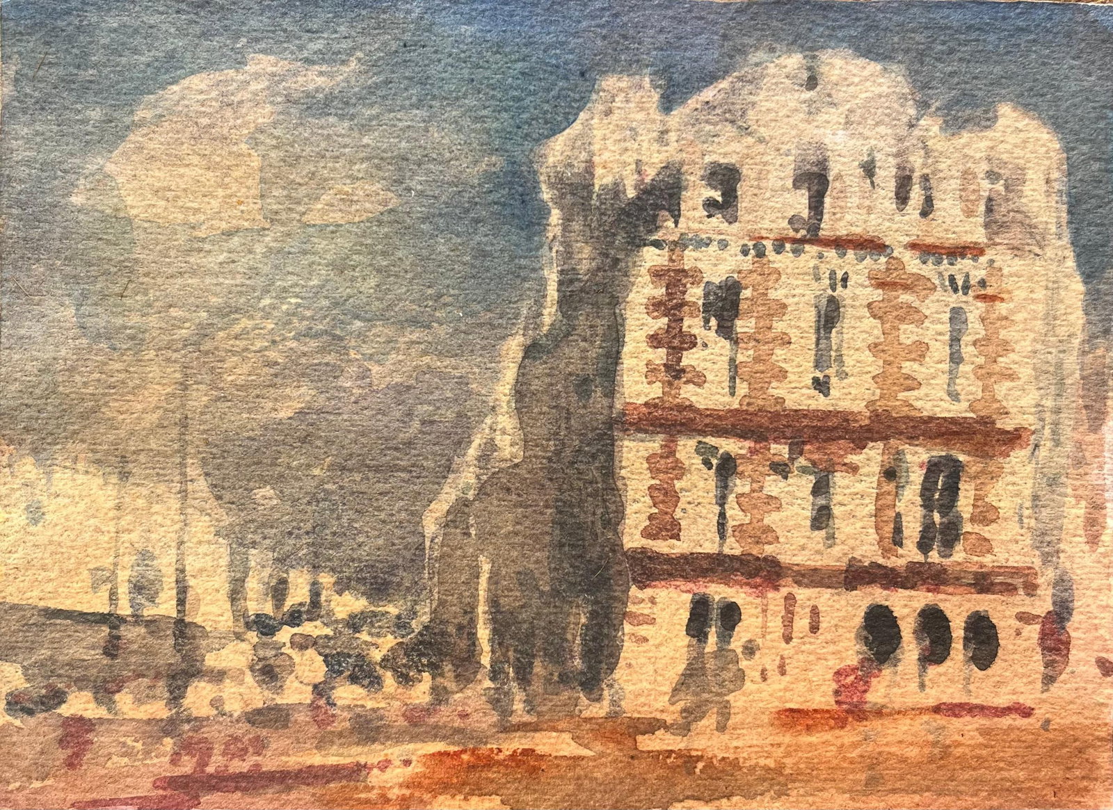 French Impressionist Watercolor of a Sunlit Building in a European Town: Title: French Impressionist Watercolor of a Sunlit Building in a European Town By Maurice Mazeilie (French 1924-2021) Medium: Watercolor on paper, unframed Size: 5.5 x 7.5 inches (Height x Width) Stam
