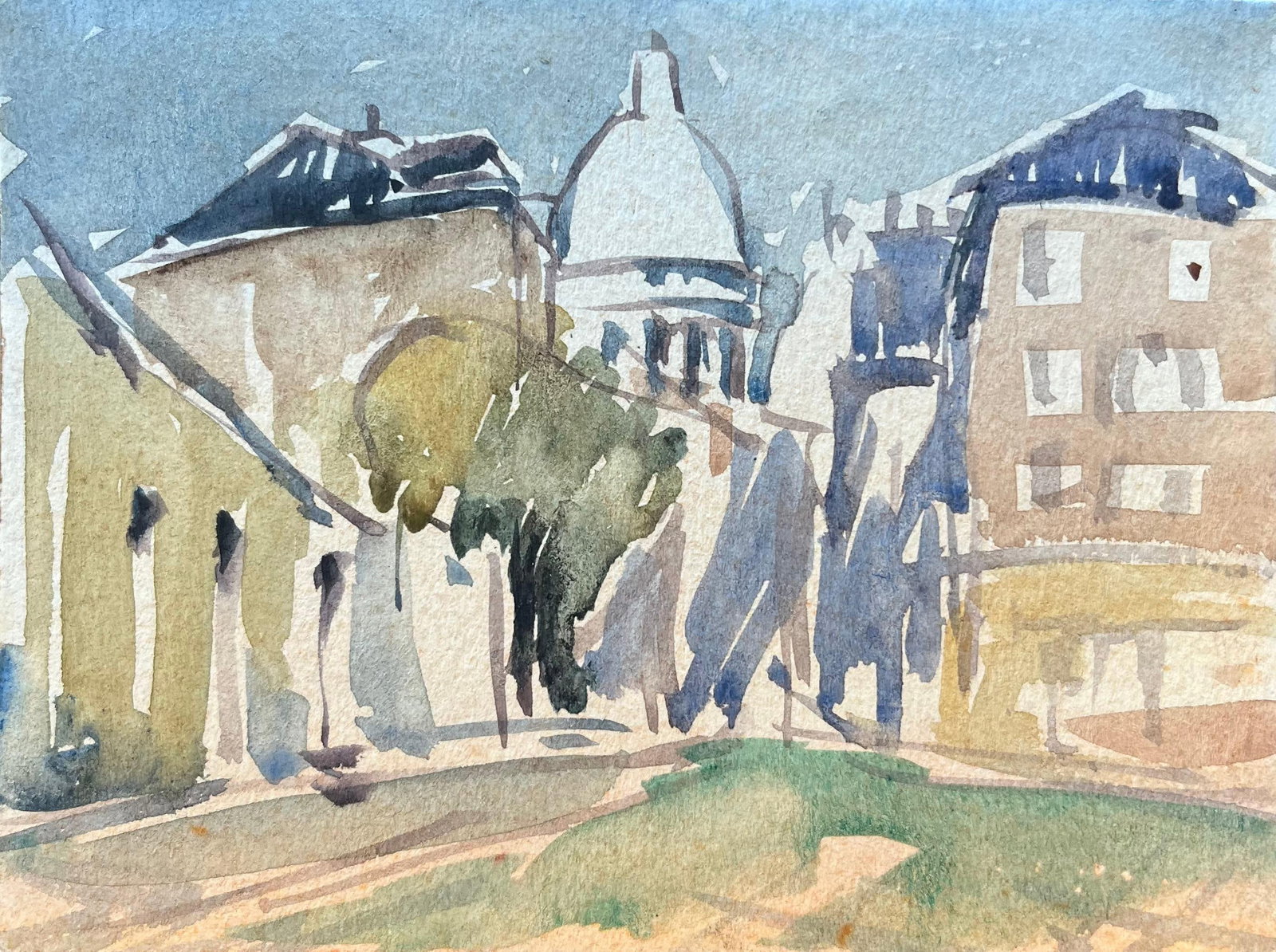 French Impressionist Watercolor of Street Scene with Sacré-Cœur Basilica: Title: French Impressionist Watercolor of Street Scene with Sacré-Cœur Basilica By Maurice Mazeilie (French 1924-2021) Medium: Watercolor on paper, unframed Size: 4.75 x 6.25 inches (Height x Width)