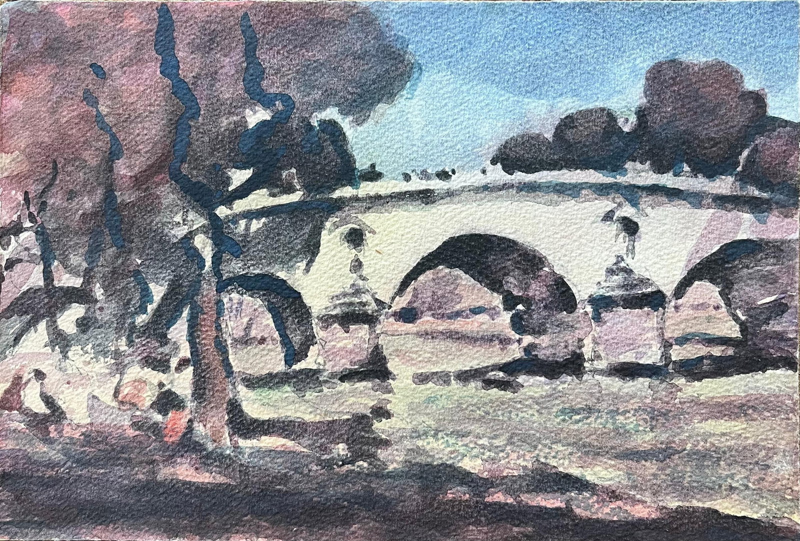 French Impressionist Watercolor of Parisian Bridge with Trees and Riverbank: Title: French Impressionist Watercolor of Parisian Bridge with Trees and Riverbank By Maurice Mazeilie (French 1924-2021) Medium: Watercolor on paper, unframed Size: 8 x 11 inches (Height x Width) Sta