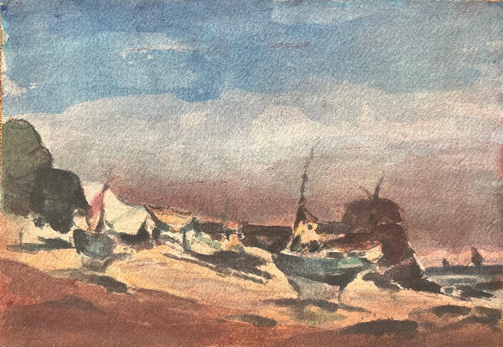 French Impressionist Watercolor of Fishing Boats on a Sandy Shore: Title: French Impressionist Watercolor of Fishing Boats on a Sandy Shore By Maurice Mazeilie (French 1924-2021) Medium: Watercolor on paper, unframed Size: 7 x 10.25 inches (Height x Width) Stamped: V
