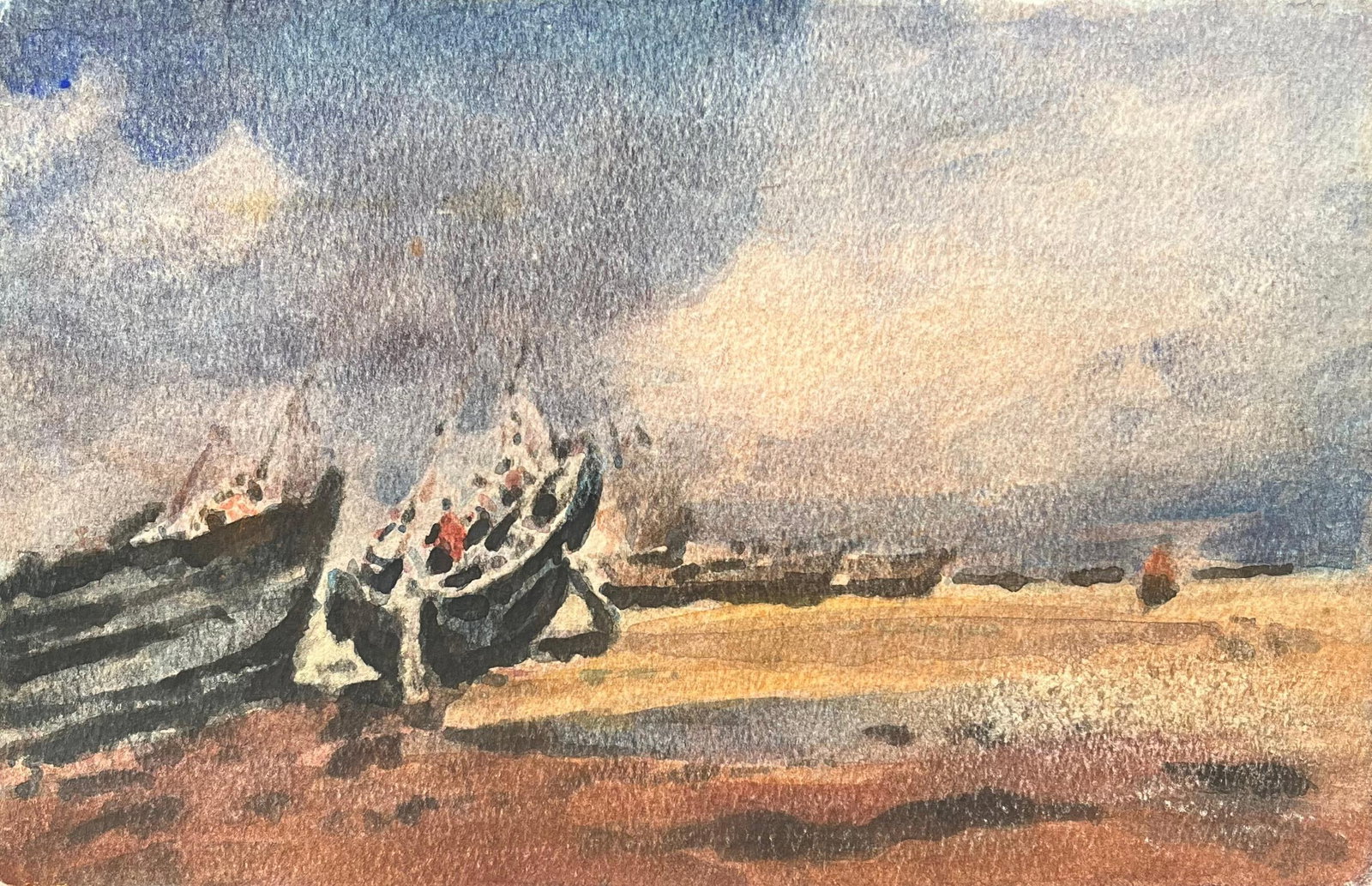 French Impressionist Watercolor of Fishing Boats Beached on the Shore: Title: French Impressionist Watercolor of Fishing Boats Beached on the Shore By Maurice Mazeilie (French 1924-2021) Medium: Watercolor on paper, unframed Size: 6.25 x 9.75 inches (Height x Width) Stam