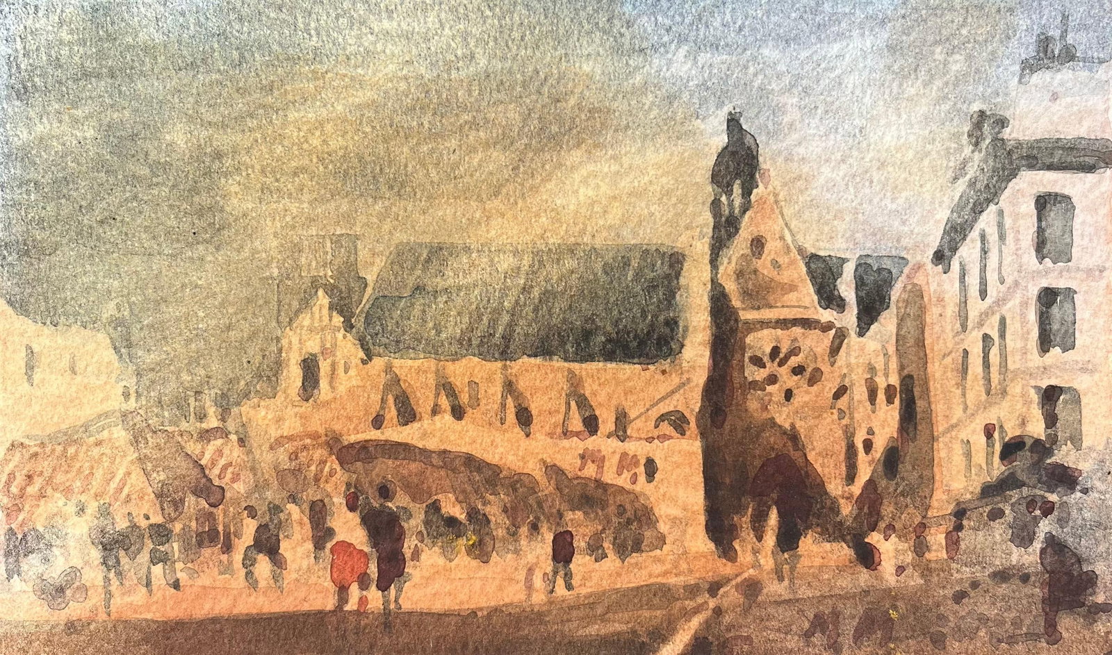French Impressionist Watercolor of a Bustling Market Scene with Gothic Church: Title: French Impressionist Watercolor of Bustling Town Square with Gothic Architecture By Maurice Mazeilie (French 1924-2021) Medium: Watercolor on paper, unframed Size: 5.25 x 8.75 inches (Height x 