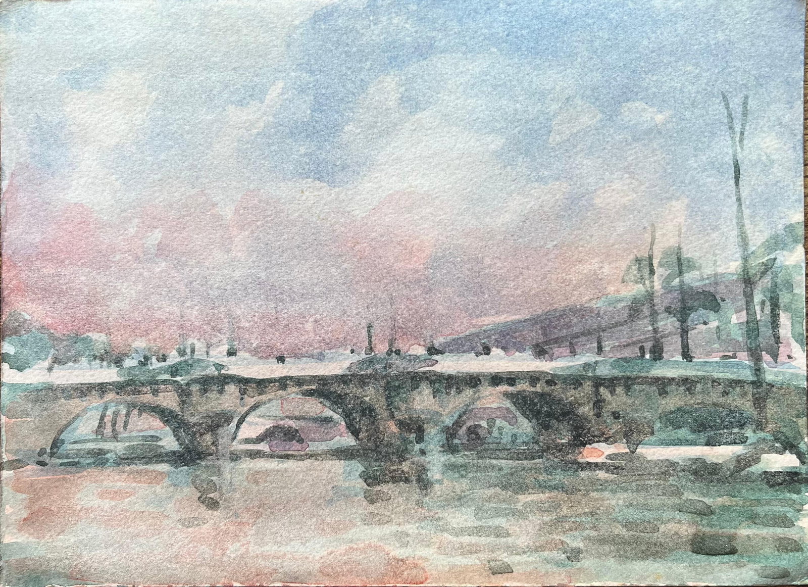 French Impressionist Watercolor of Parisian Bridge at Sunset: Title: French Impressionist Watercolor of Parisian Bridge at Sunset By Maurice Mazeilie (French 1924-2021) Medium: Watercolor on paper, unframed Size: 5.5 x 7.5 inches (Height x Width) Stamped: Verso 
