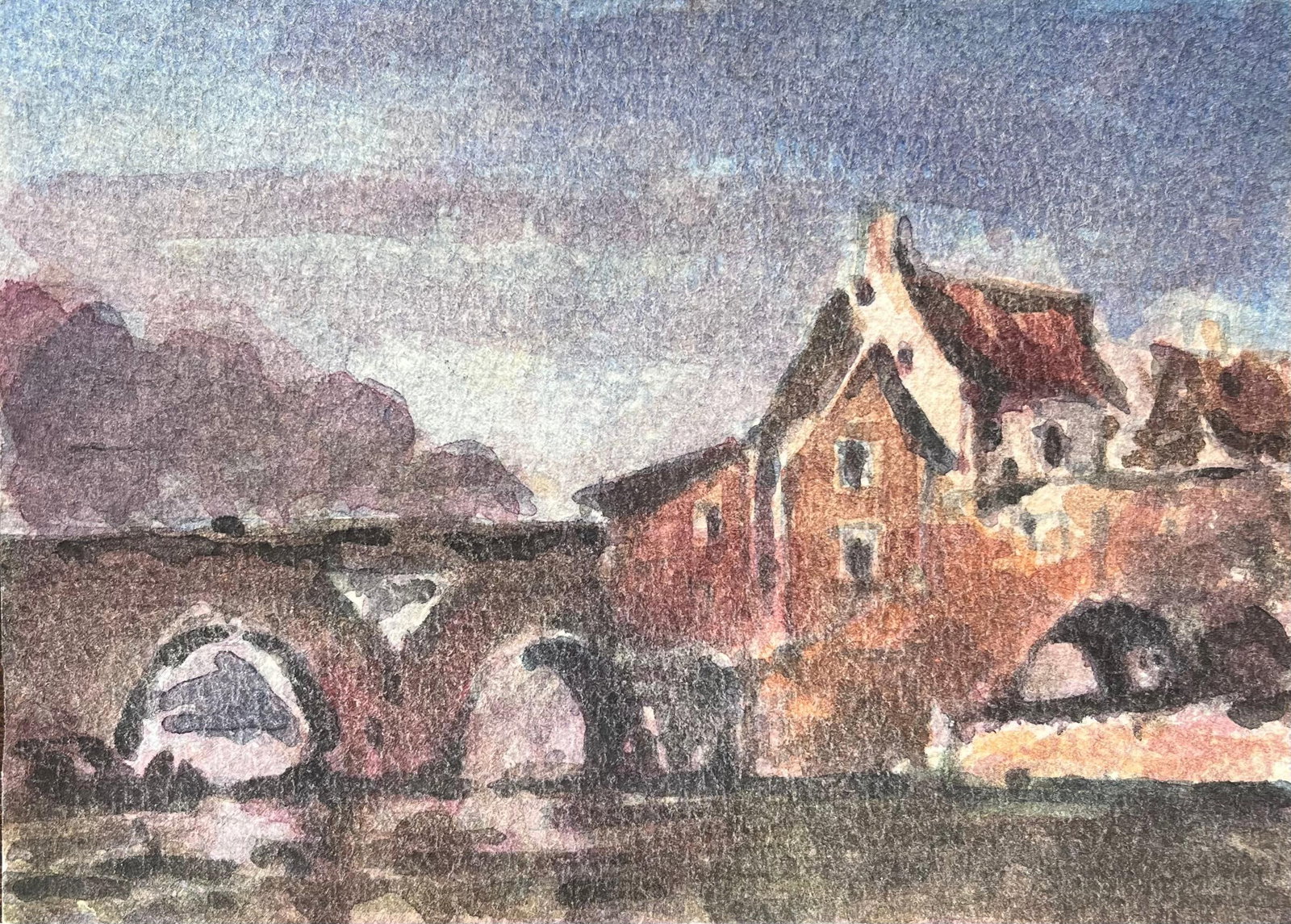 French Impressionist Watercolor of a Stone Bridge and Riverside Buildings: Title: French Impressionist Watercolor of a Stone Bridge and Riverside Buildings By Maurice Mazeilie (French 1924-2021) Medium: Watercolor on paper, unframed Size: 5 x 7 inches (Height x Width) Stampe