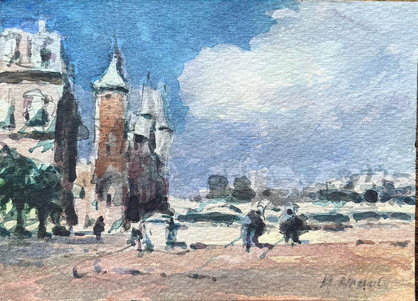 French Impressionist Watercolor Parisian Bridge and Towers with Pointed Spires: Title: French Impressionist Watercolor Parisian Bridge and Towers with Pointed Spires By Maurice Mazeilie (French 1924-2021) Medium: Watercolor on paper, unframed Size: 5 x 7 inches (Height x Width) S