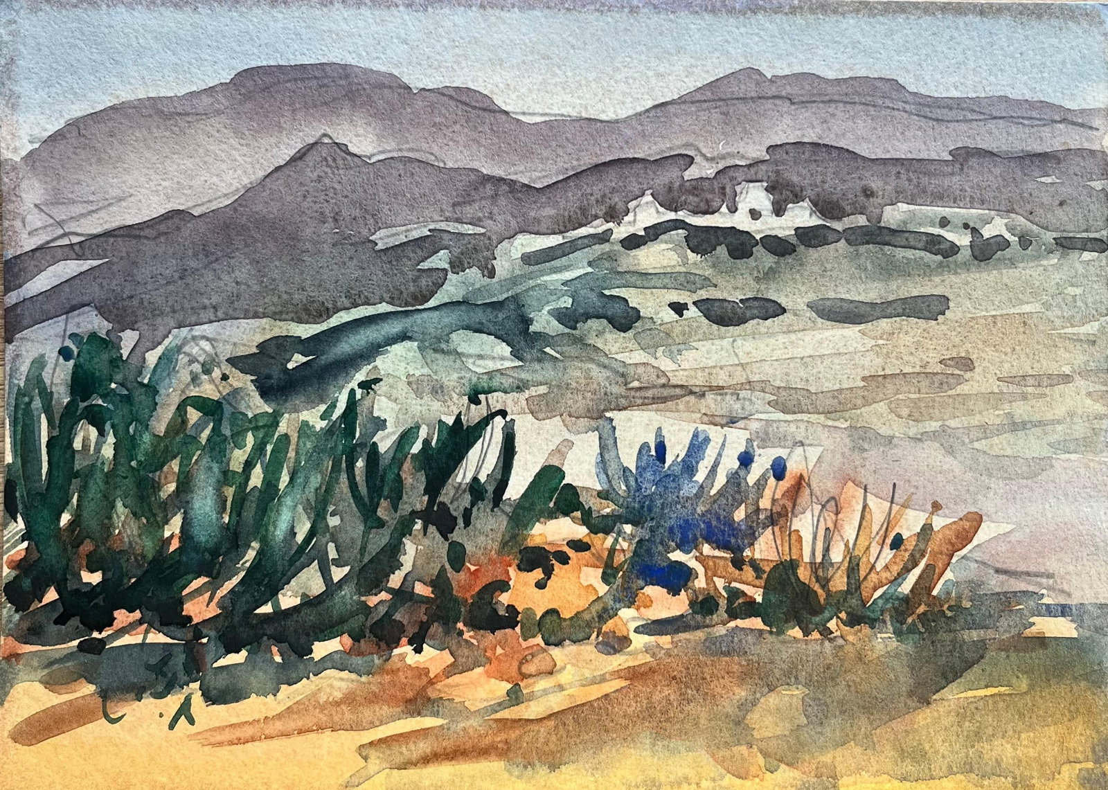 French Impressionist Watercolor of a Mountainous Landscape: Title: French Impressionist Watercolor of a Mountainous Landscape By Maurice Mazeilie (French 1924-2021) Medium: Watercolour on paper, unframed Size: 7 x 9.75 inches (Height x Width) Stamped: Verso Co