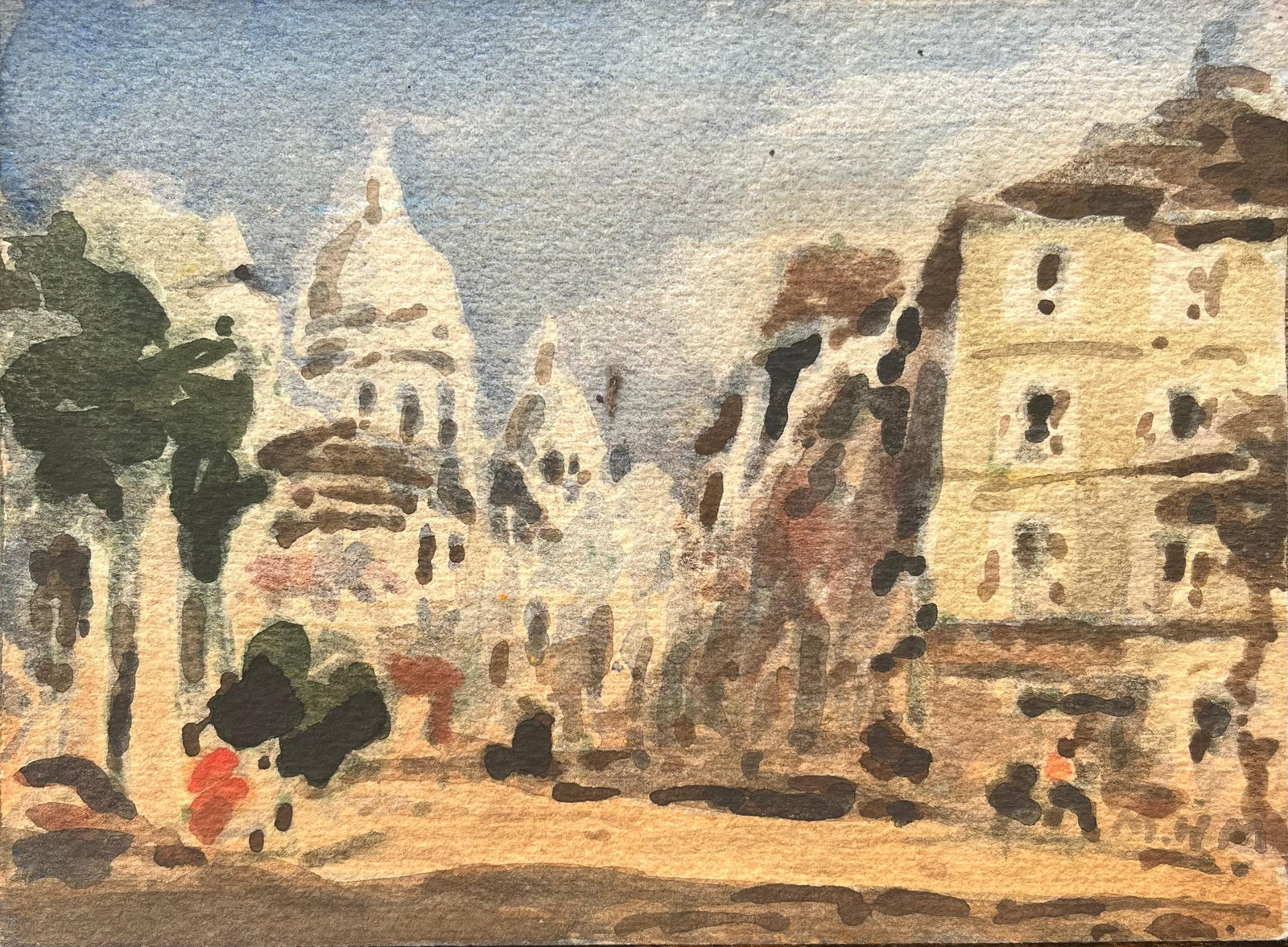 French Impressionist Watercolor of Sacré-Cœur and Montmartre Street Scene: Title: French Impressionist Watercolor of Sacré-Cœur and Montmartre Street Scene By Maurice Mazeilie (French 1924-2021) Medium: Watercolor on paper, unframed Size: 5.5 x 7.5 inches (Height x Width) 