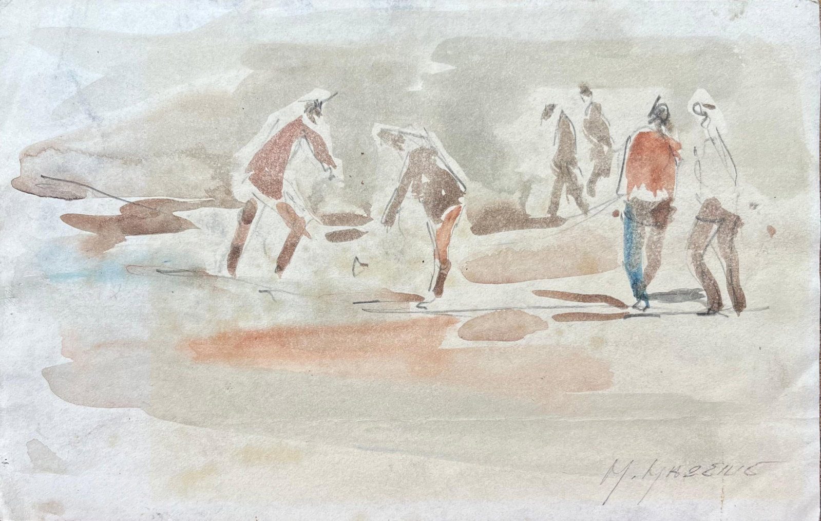 French Impressionist Watercolor of Beachgoers at Leisure: Title: French Impressionist Watercolor of Beachgoers at Leisure By Maurice Mazeilie (French 1924-2021) Medium: Watercolor on paper, unframed Size: 5 x 8 inches (Height x Width) Signed: Yes Condition: 