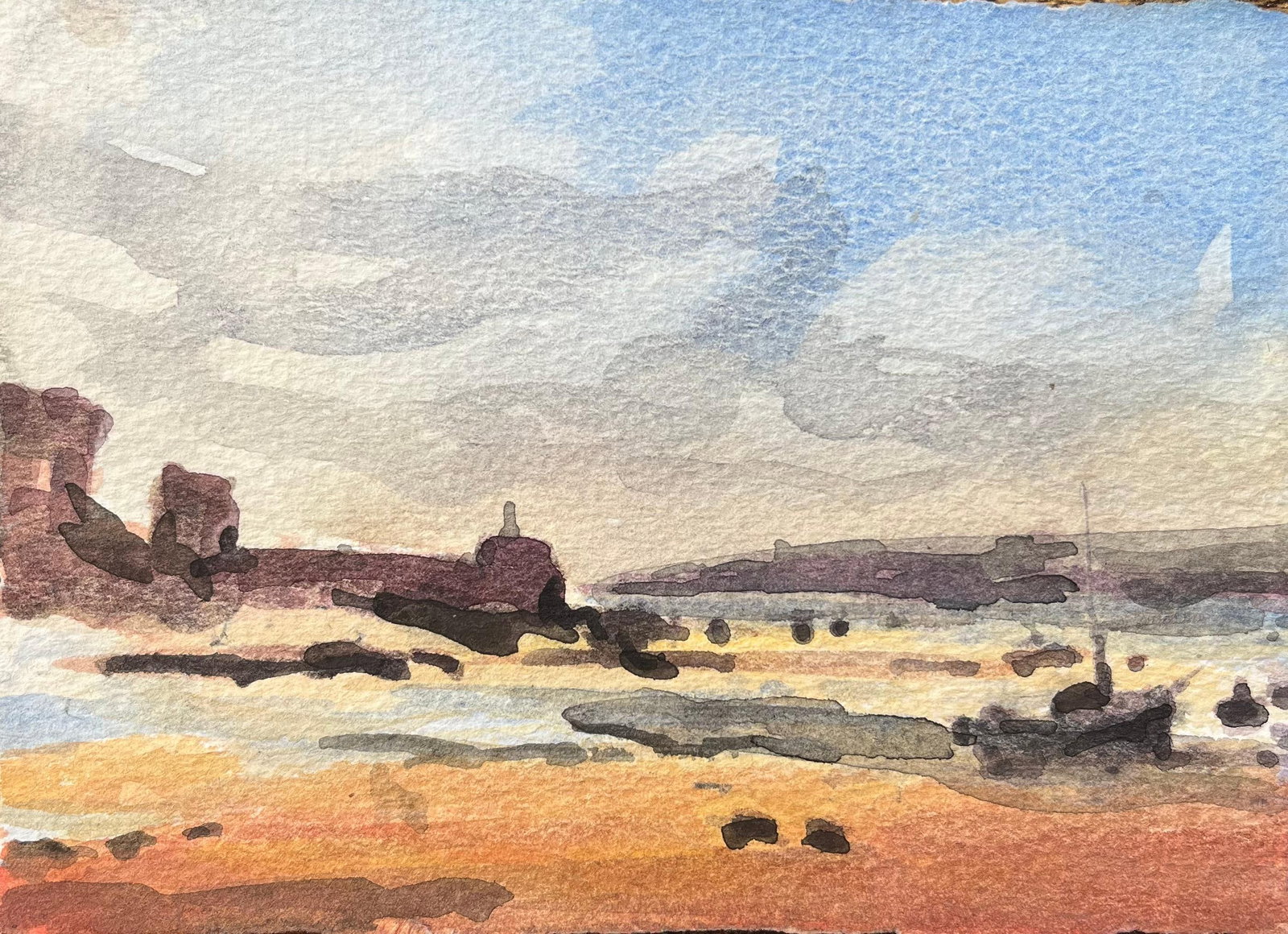 French Impressionist Watercolor of a Coastal Landscape at Low Tide: Title: French Impressionist Watercolor of a Coastal Landscape at Low Tide By Maurice Mazeilie (French 1924-2021) Medium: Watercolor on paper, unframed Size: 5 x 7 inches (Height x Width) Stamped: Vers