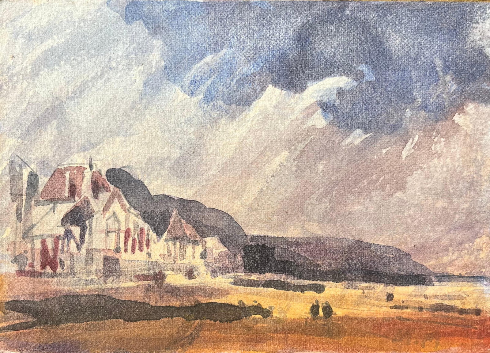 French Impressionist Watercolor of Coastal Cottages with Dramatic Sky: Title: French Impressionist Watercolor of Coastal Cottages with Dramatic Sky By Maurice Mazeilie (French 1924-2021) Medium: Watercolor on paper, unframed Size: 5 x 7 inches (Height x Width) Signed: In