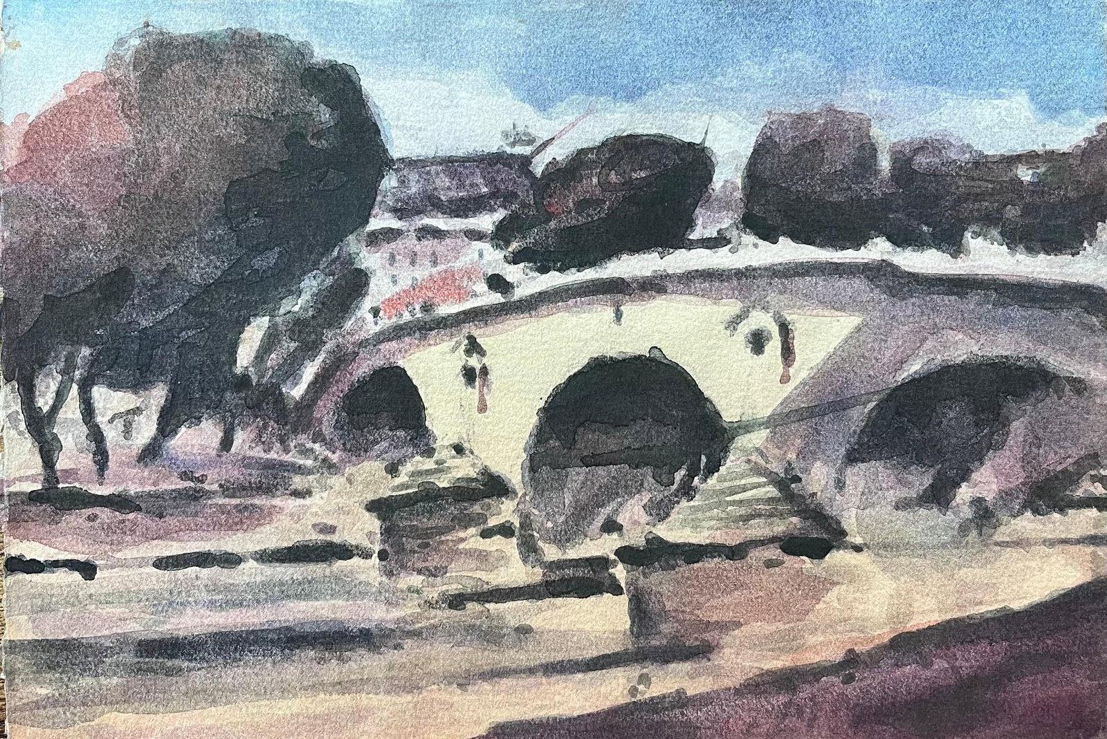 French Impressionist Watercolor of Parisian Bridge with Trees and Riverbank: Title: French Impressionist Watercolor of Parisian Bridge with Trees and Riverbank By Maurice Mazeilie (French 1924-2021) Medium: Watercolor on paper, unframed Size: 8 x 11 inches (Height x Width) Sta