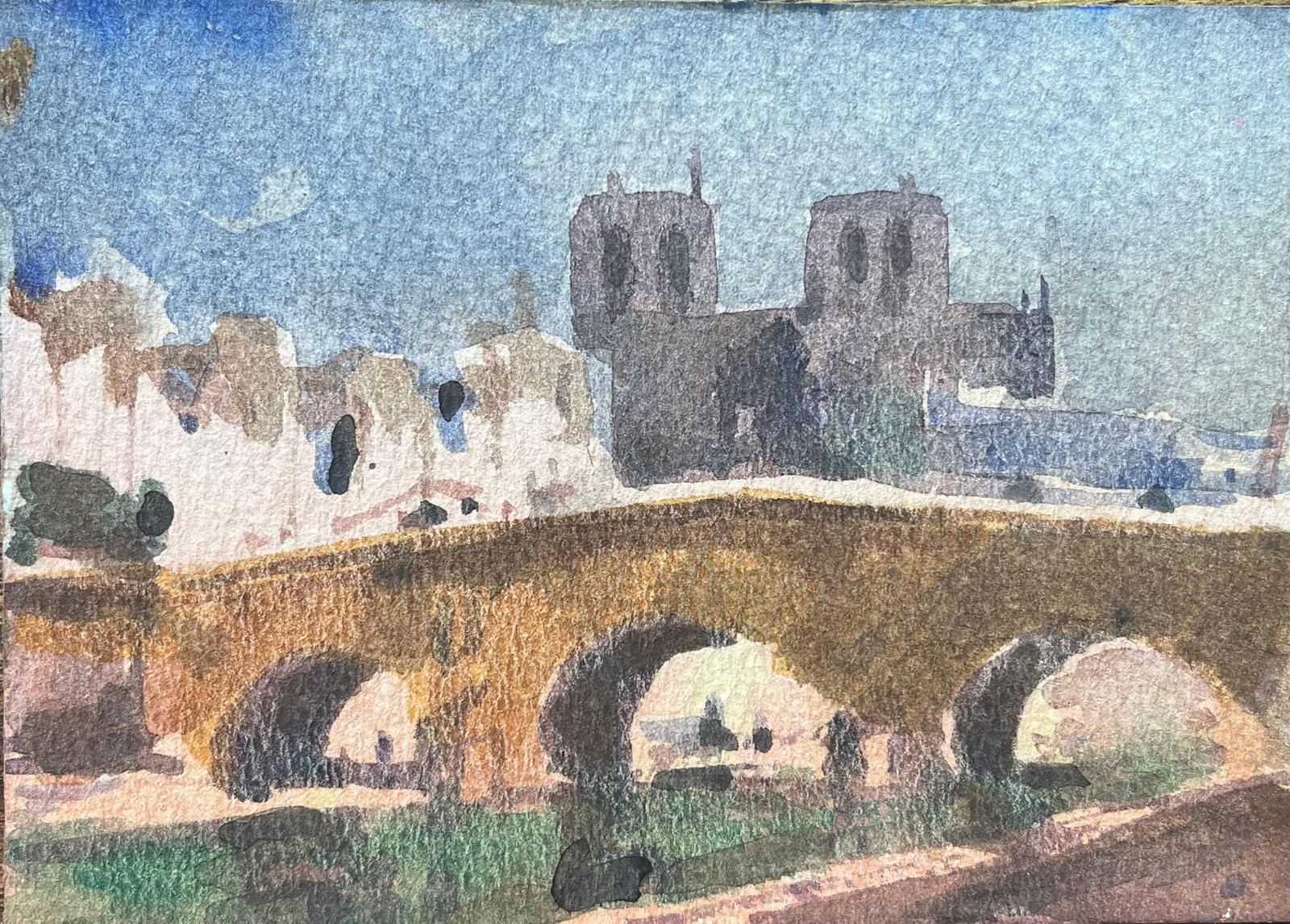 French Impressionist Watercolor of Paris Riverbank Scene Notre Dame and Bridge: Title: French Impressionist Watercolor of Paris Riverbank Scene Notre Dame and Bridge By Maurice Mazeilie (French 1924-2021) Medium: Watercolor on paper, unframed Size: 5 x 7 inches (Height x Width) S