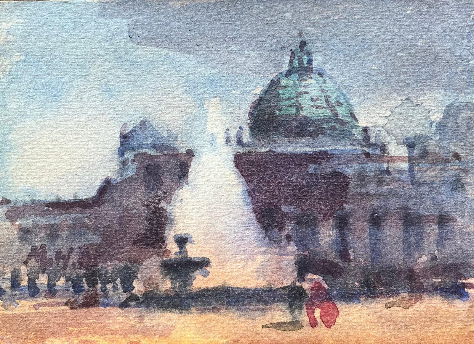 French Impressionist Watercolor of Grand Domed Structure at Dusk in Paris: Title: French Impressionist Watercolor of Grand Domed Structure at Dusk in Paris By Maurice Mazeilie (French 1924-2021) Medium: Watercolor on paper, unframed Size: 5 x 7 inches (Height x Width) Stampe