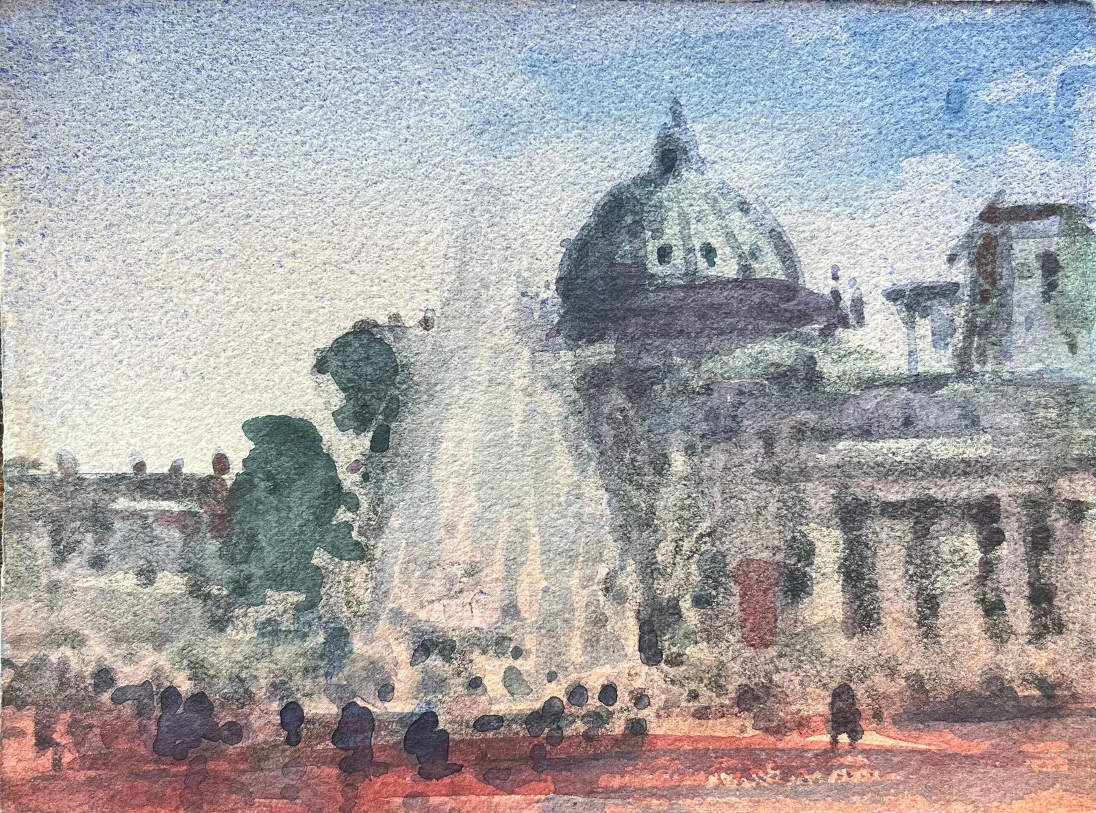 French Impressionist Watercolor of the Grand Palais and Fountain: Title: French Impressionist Watercolor of the Grand Palais and Fountain By Maurice Mazeilie (French 1924-2021) Medium: Watercolor on paper, unframed Size: 5.5 x 7.5 inches (Height x Width) Stamped: Ve