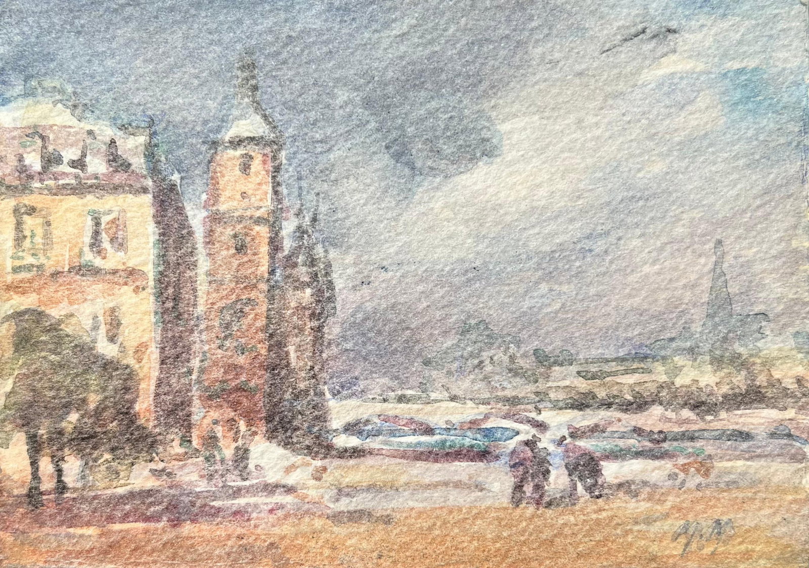 French Impressionist Watercolor of a Riverside Scene with Historic Buildings: Title: French Impressionist Watercolor of a Riverside Scene with Historic Buildings By Maurice Mazeilie (French 1924-2021) Medium: Watercolor on paper, unframed Size: 4 x 5.75 inches (Height x Width) 