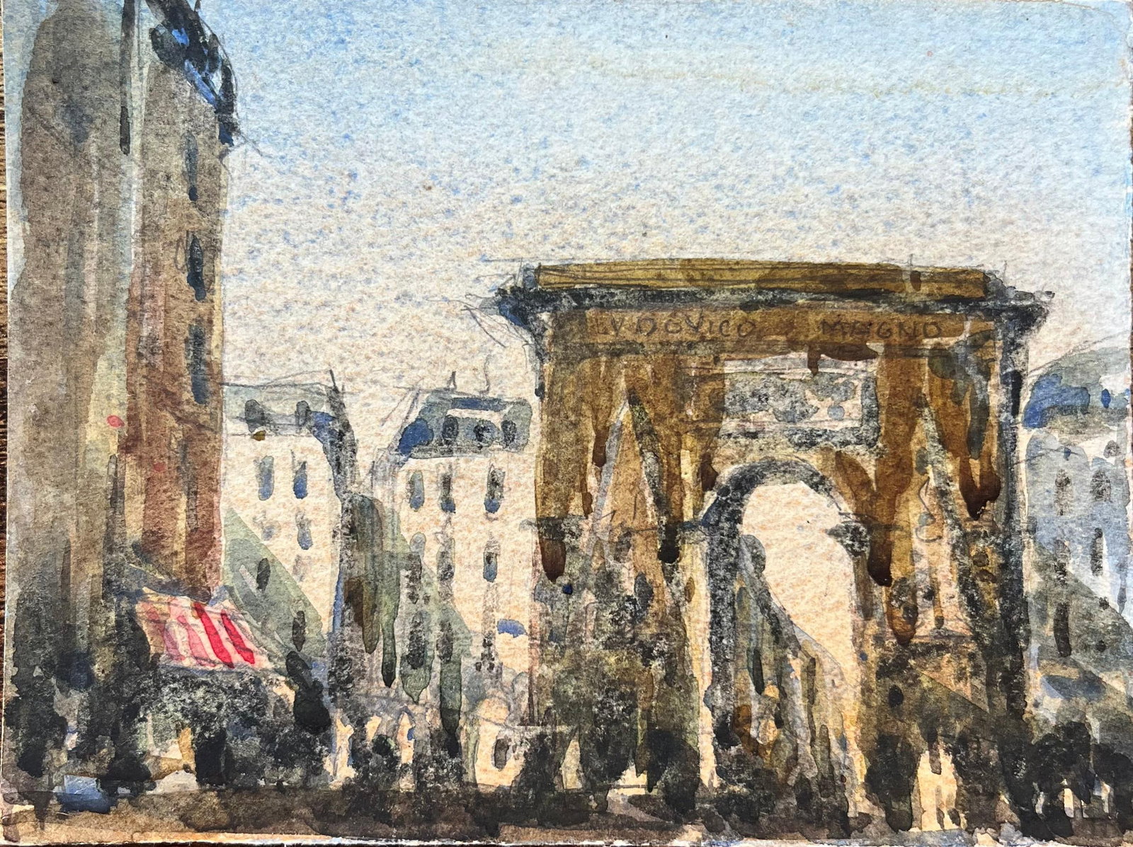 French Impressionist Watercolor of Porte Saint-Denis in Paris: Title: French Impressionist Watercolor of Porte Saint-Denis in Paris By Maurice Mazeilie (French 1924-2021) Medium: Watercolor on paper, unframed Size: 4.75 x 6.25 inches (Height x Width) Stamped: Ver