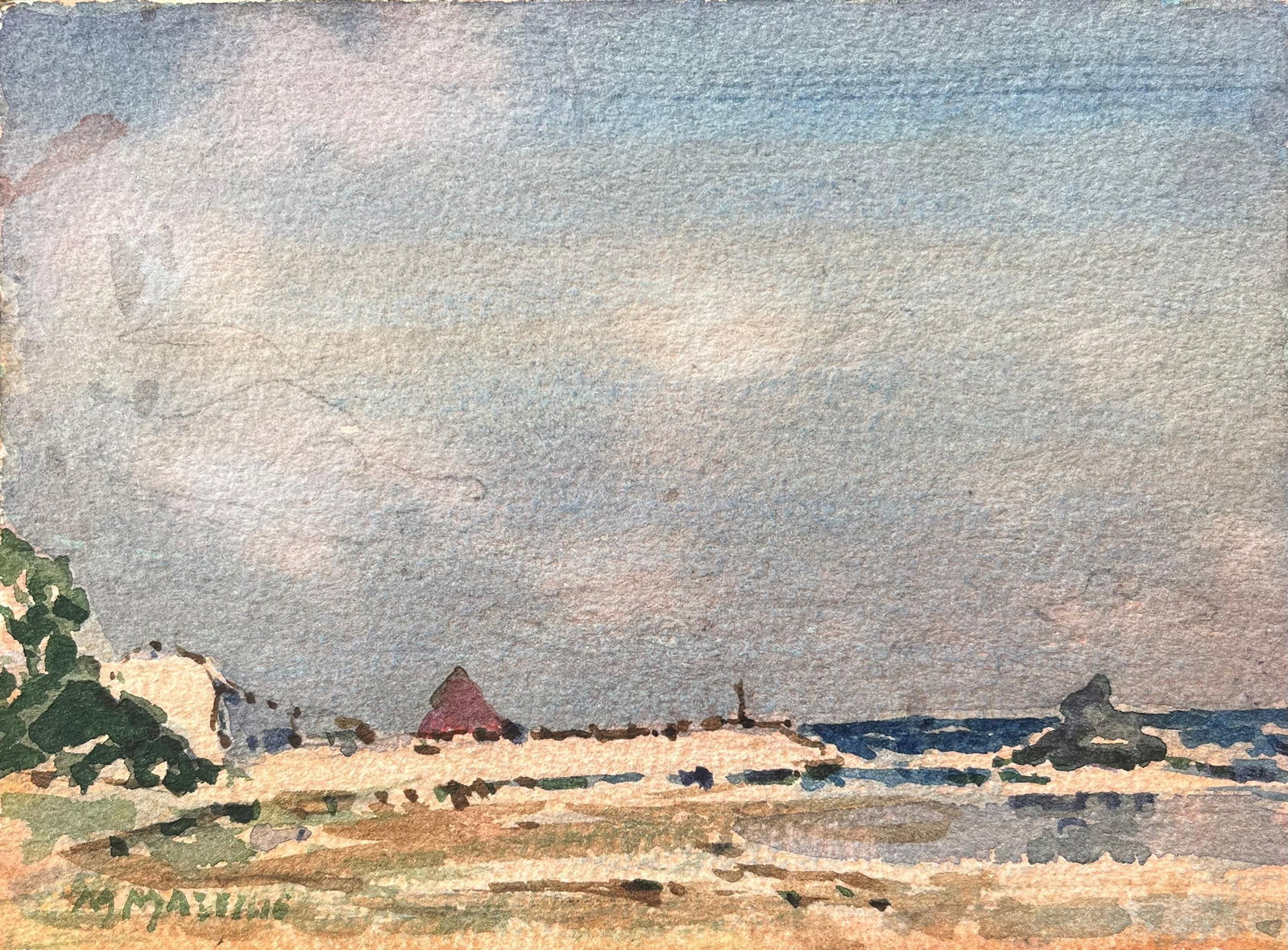 French Impressionist Watercolor of a Tranquil Coastal Scene: Title: French Impressionist Watercolor of a Tranquil Coastal Scene By Maurice Mazeilie (French 1924-2021) Medium: Watercolor on paper, unframed Size: 5.5 x 7.5 inches (Height x Width) Signed: Yes Cond