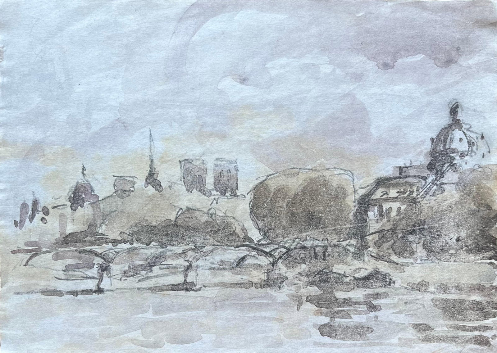 French Impressionist Watercolor of Notre Dame and Parisian Riverbanks: Title: French Impressionist Watercolor of Notre-Dame and Parisian Riverbanks By Maurice Mazeilie (French 1924-2021) Medium: Watercolor on paper, unframed Size: 5.75 x 8 inches (Height x Width) Stamped
