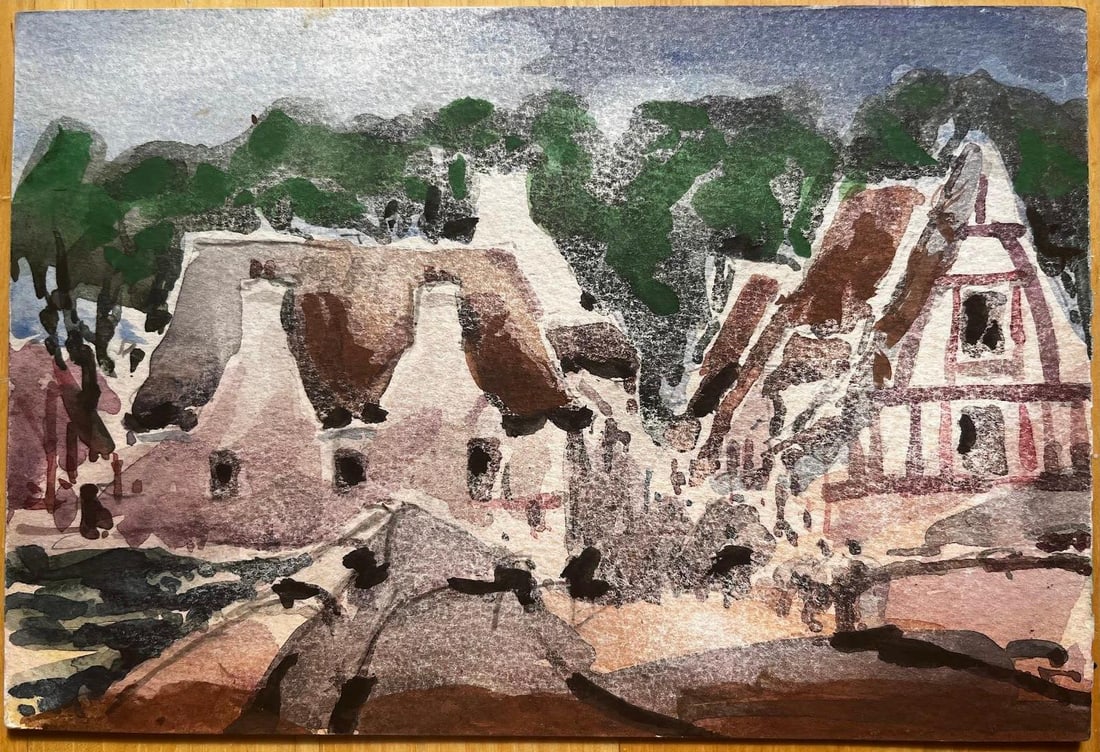 French Impressionist Watercolor Landscape Rural Village Scene with Bridge: “Rural Village Scene with Bridge" By Maurice Mazeilie (French) Watercolour on paper, unframed Size: 5.25 x 7.75 inches (Height x Width) Stamped Verso Condition: Good - There are no noticeable flaws 