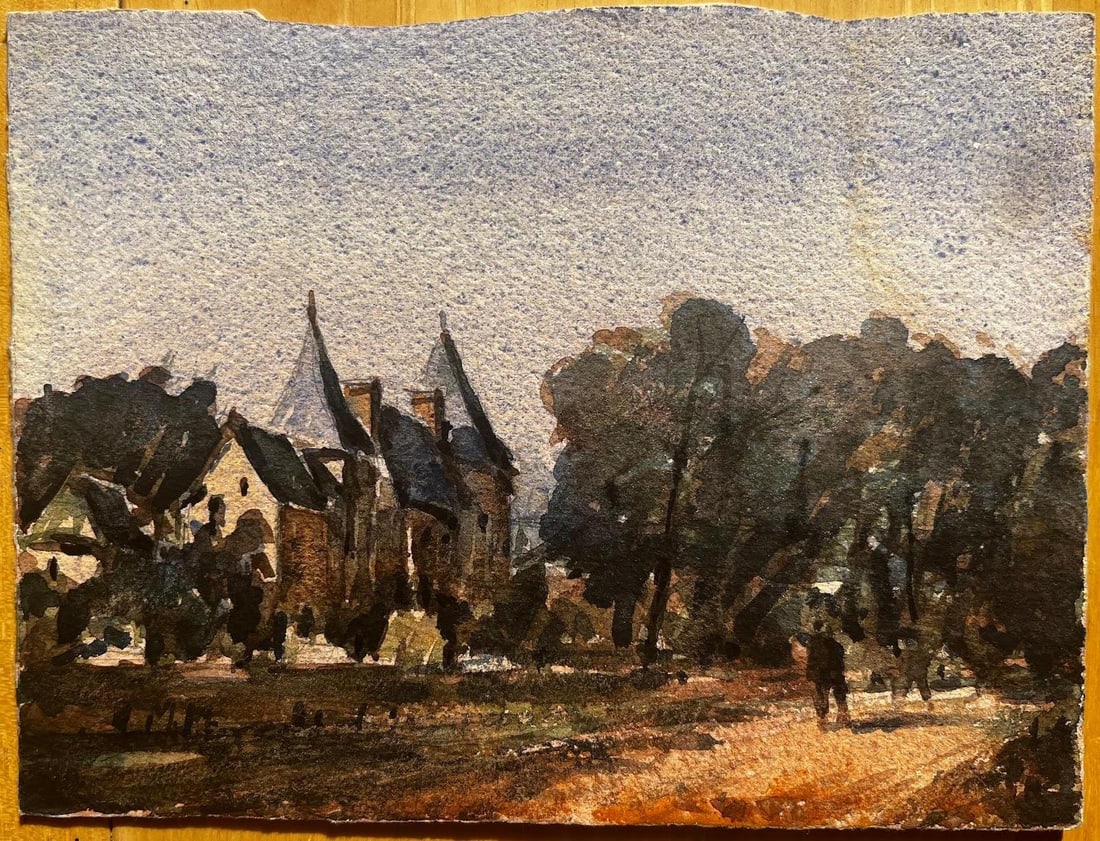 French Impressionist Watercolor Landscape - “Urban Scene with Bridge at Dawn": “Château with Trees and Figures" By Maurice Mazeilie (French) Watercolour on paper, unframed Size: 5.75 x 7.5 inches (Height x Width) Stamped Verso Condition: Good - There are no noticeable flaws o