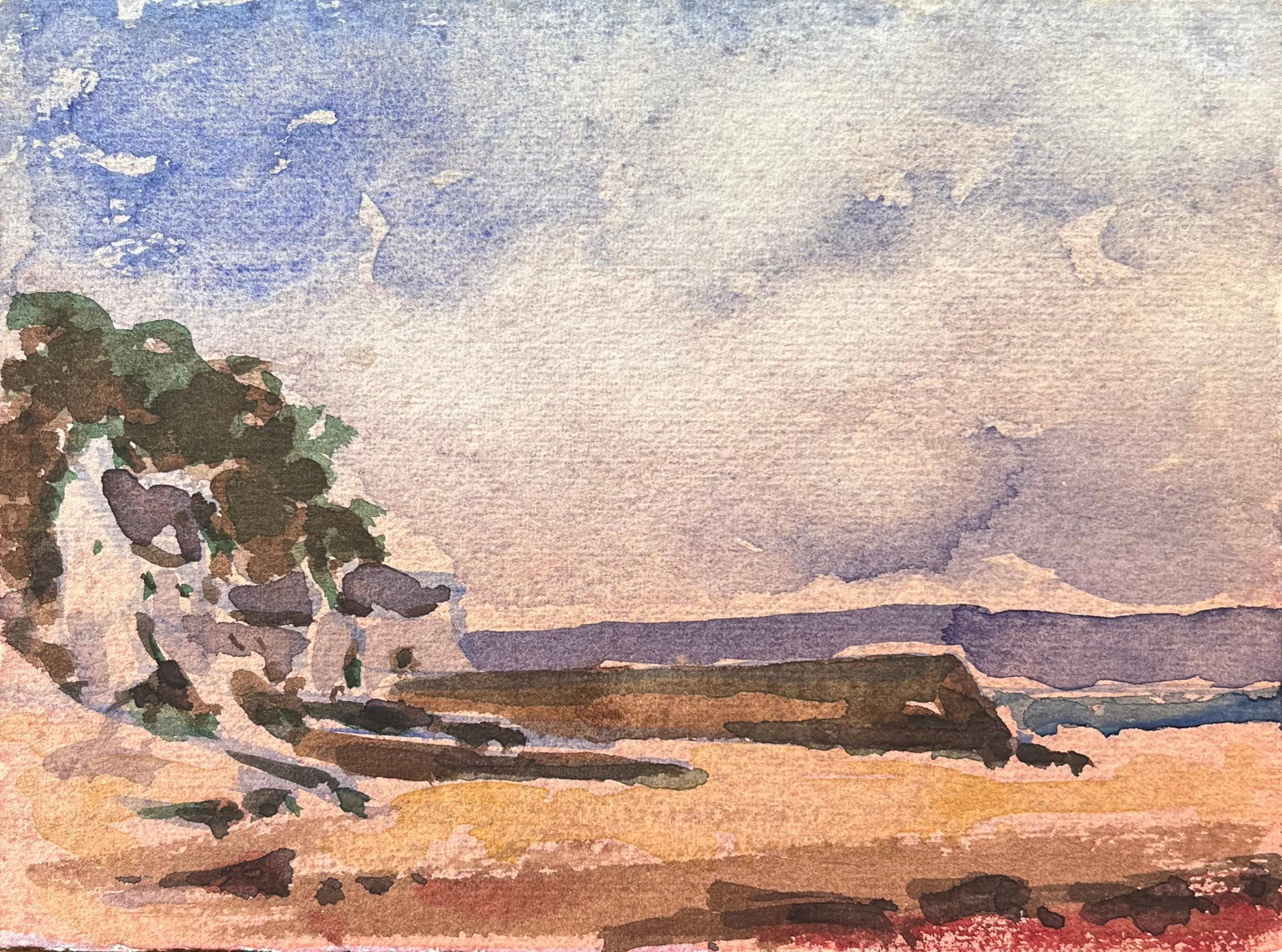 French Impressionist Watercolor of Coastal Village with Bay at Low Tide: Title: French Impressionist Watercolor of Coastal Village with Bay at Low Tide By Maurice Mazeilie (French 1924-2021) Medium: Watercolor on paper, unframed Size: 5.75 x 7.5 inches (Height x Width) Sta