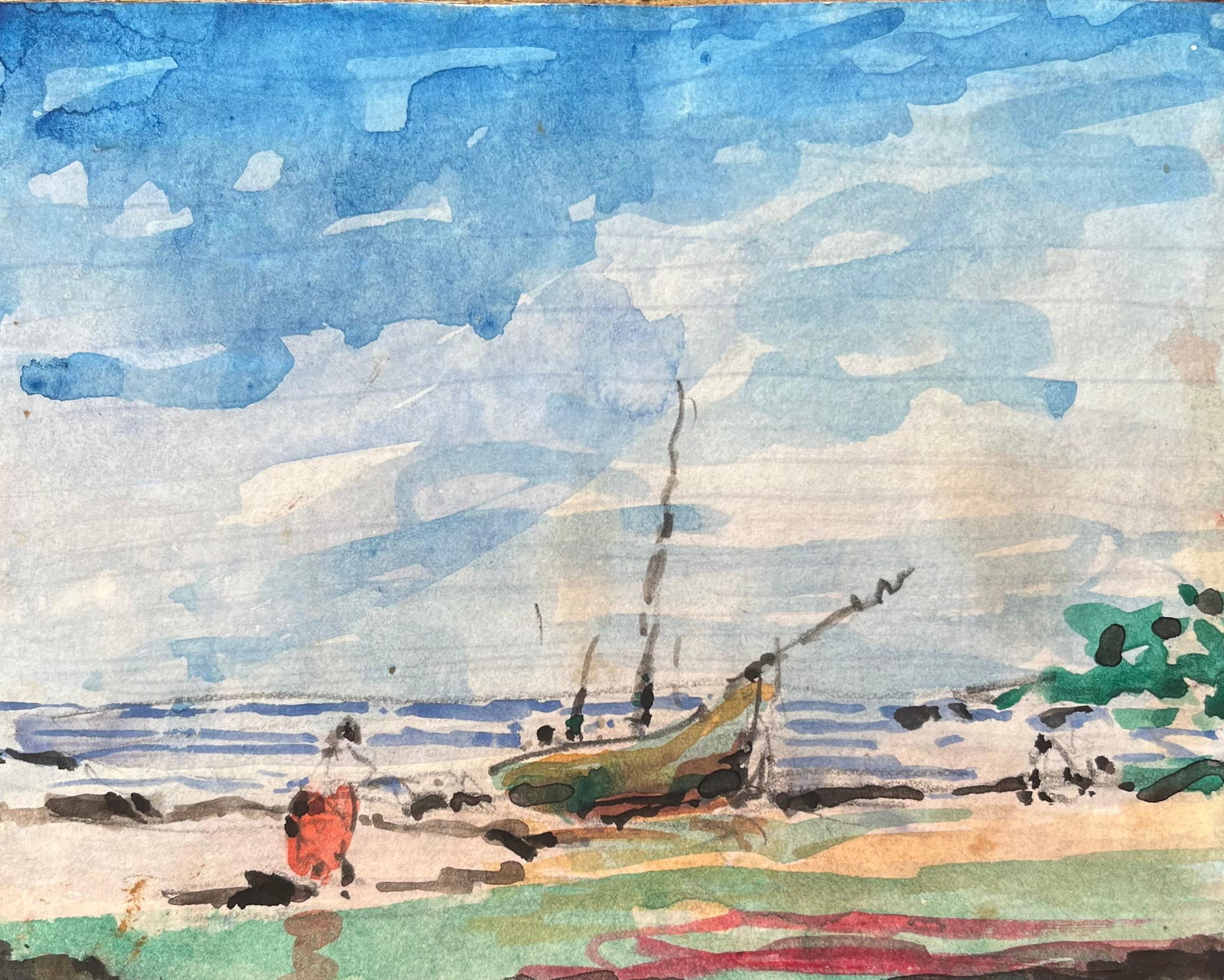French Impressionist Watercolor of Beach Scene with Lone Boat: Title: French Impressionist Watercolor of Beach Scene with Lone Boat By Maurice Mazeilie (French 1924-2021) Medium: Watercolor on paper, unframed Size: 5.75 x 7.5 inches (Height x Width) Stamped: Vers
