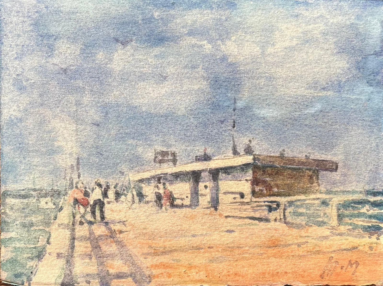 French Impressionist Watercolor of a Pier with Figures on a Sunny Day: Title: French Impressionist Watercolor of a Pier with Figures on a Sunny Day By Maurice Mazeilie (French 1924-2021) Medium: Watercolor on paper, unframed Size: 5.5 x 7.5 inches (Height x Width) Signed