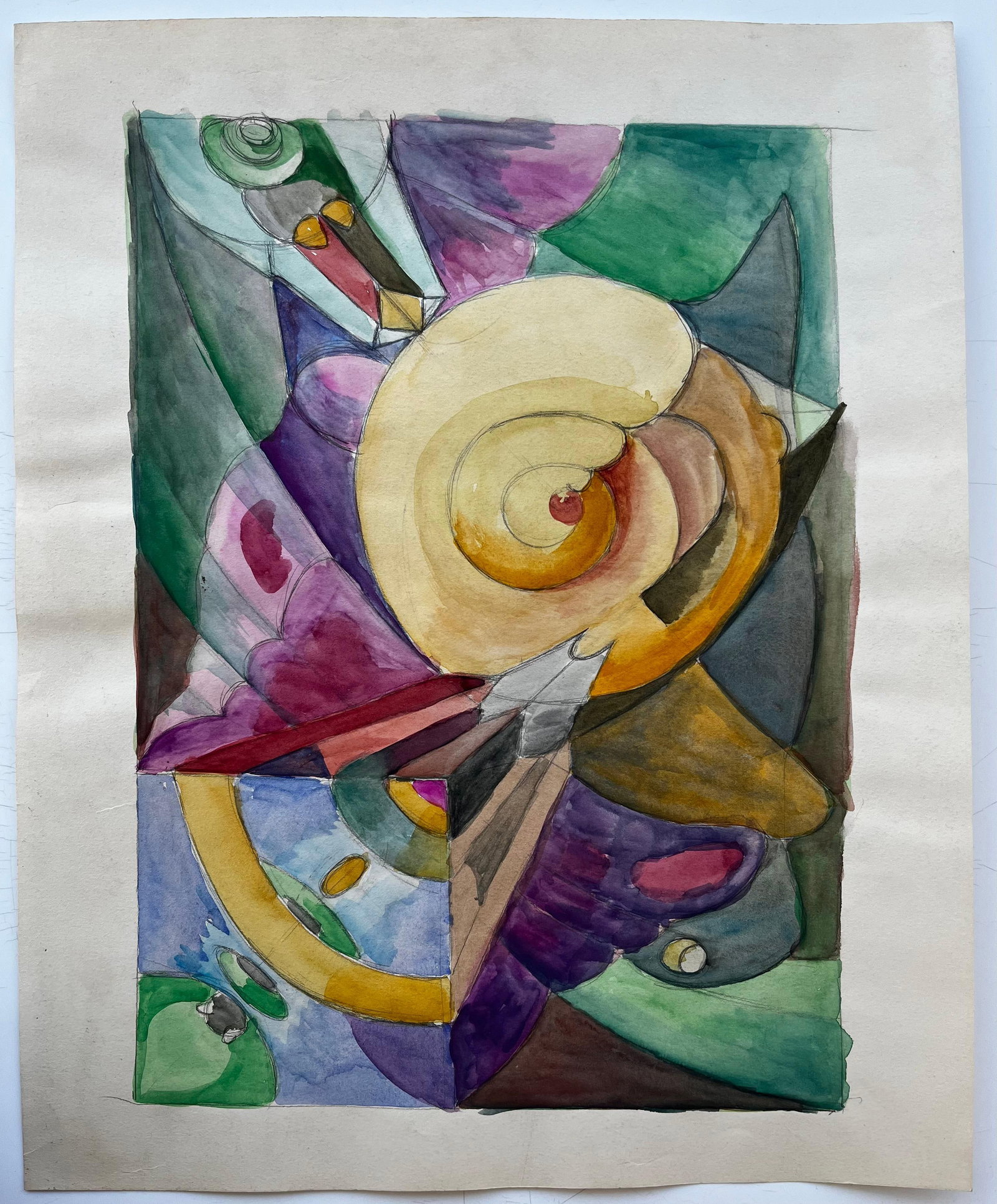 Abstract Spiral Composition French Modernist Watercolour by Guy Nicod: Title: Abstract Spiral Composition French Modernist Watercolour by Guy Nicod Guy Nicod (French 1923 - 2021) Watercolour on artist paper, unframed Size: 21.75 x 17.5 inches (height x width) Provenance: