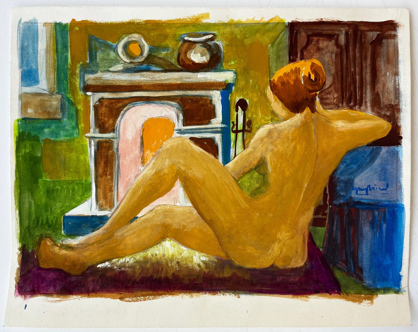 Nude Before the Fireplace French Modernist Gouache by Guy Nicod: Title: Nude Before the Fireplace French Modernist Gouache by Guy Nicod Guy Nicod (French 1923 - 2021) Signed, right hand side Gouache on artist paper, unframed Size: 15.5 x 19.25 inches (height x widt