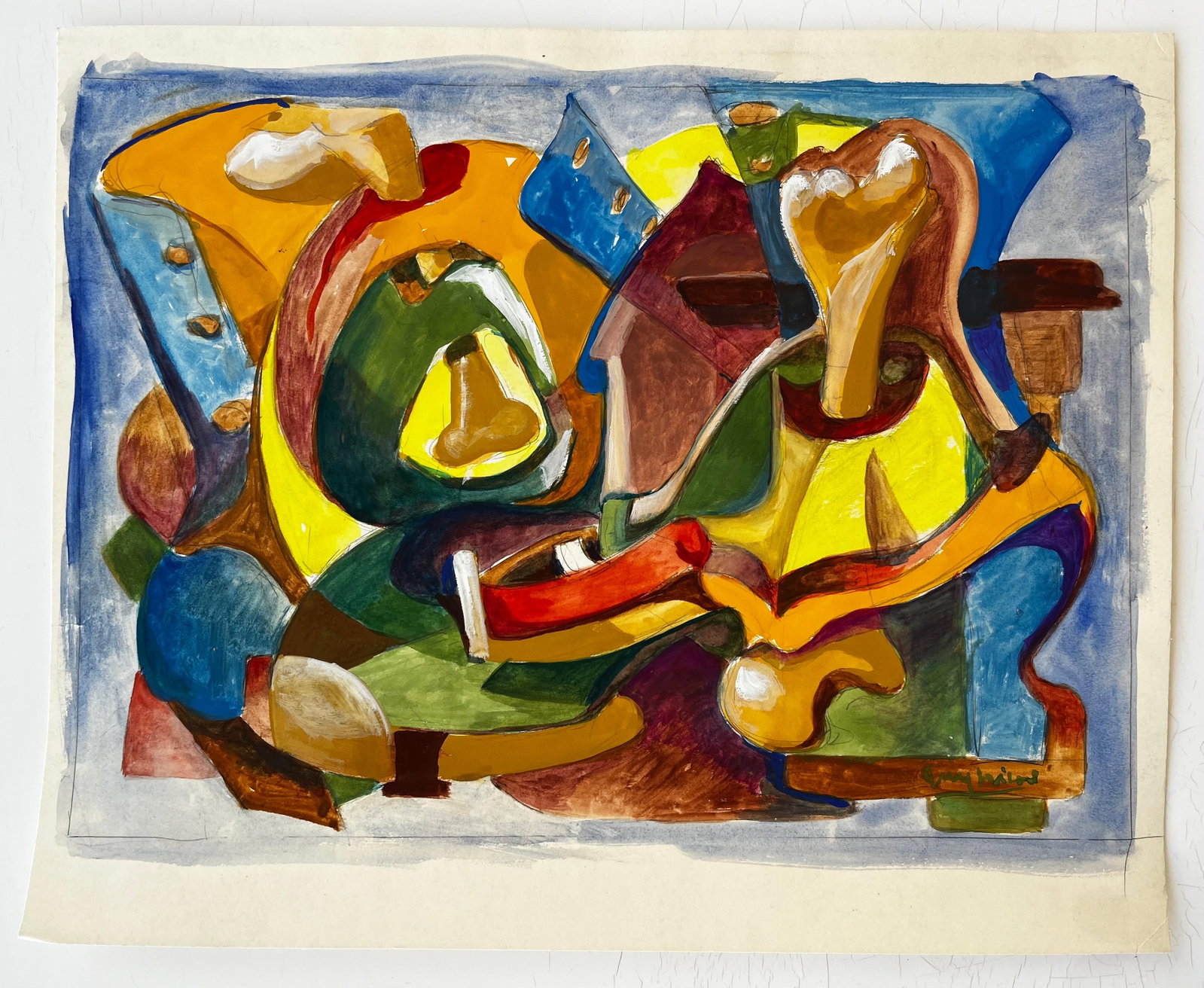 Abstract Gouache Composition French Modernist Yellow and Blue by Guy Nicod: Title: Abstract Composition in Yellow and Blue French Modernist Gouache by Guy NicodGuy Nicod (French 1923 - 2021)Signed, lower rightGouache on artist paper, unframedSize: 15.75 x 19.25 inches (height