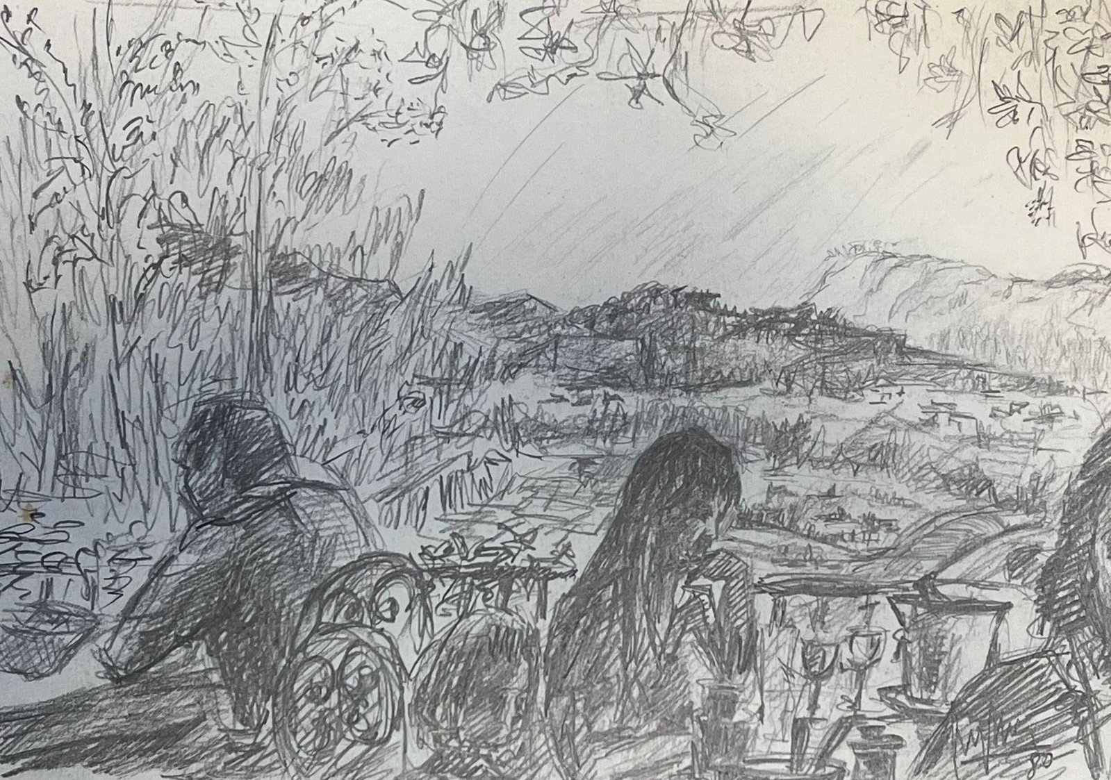 20th Century French Modernist Painting Figures at Outdoor Bar: Outside French Bar by Guy Nicod (French 1923 - 2021) signed pencil on artist paper, unframed painting : 6.25 x 9.5 inches stamped verso provenance: artists estate, France condition: very good and soun