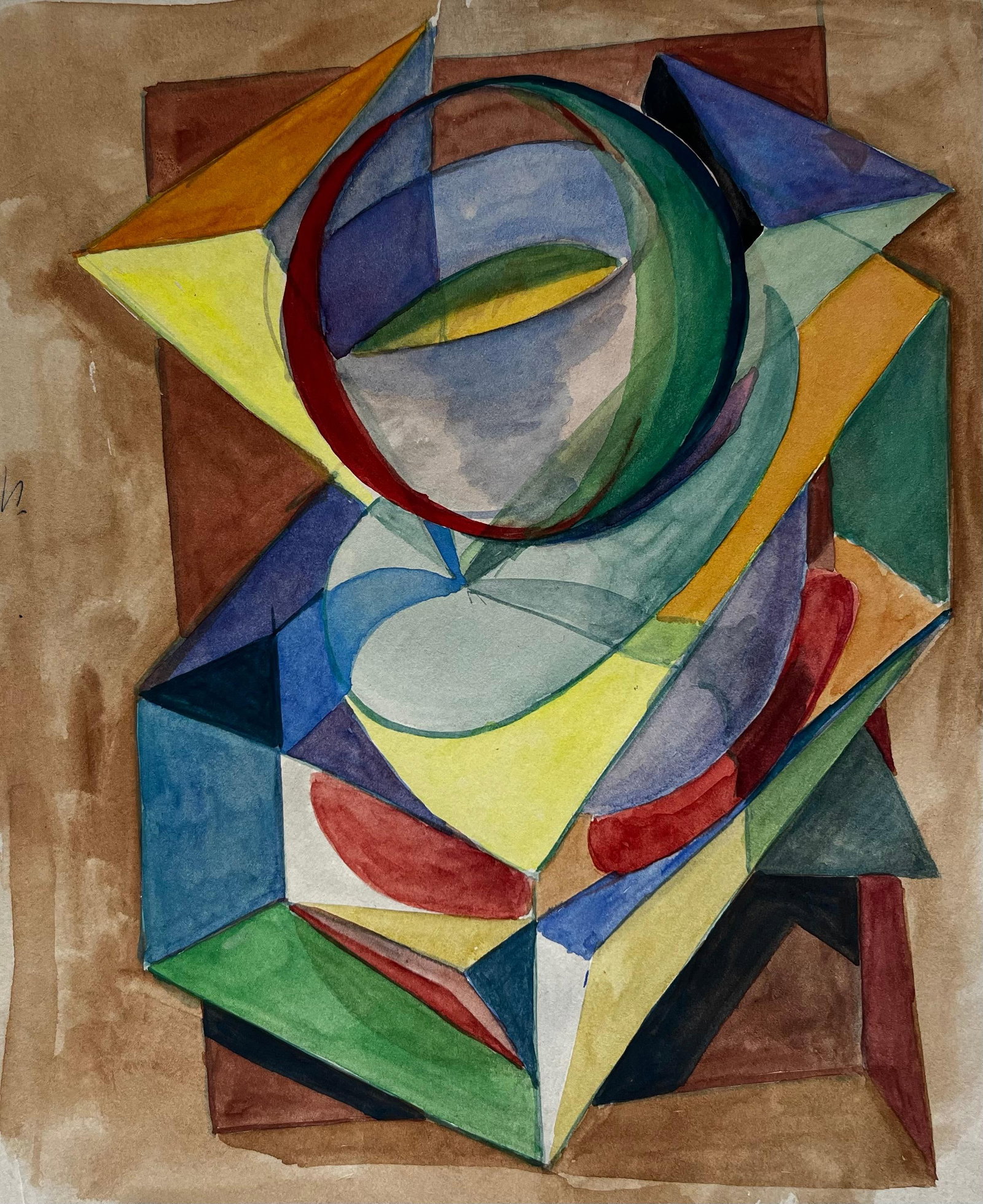 Geometric Abstract Composition with Spherical Form French Modernist Watercolour: Title: Geometric Abstract Composition with Spherical Form French Modernist WatercolourGuy Nicod (French 1923 - 2021)Gouache on artist paper, unframedSize: 11.25 x 9.25 inches (height x width)Provenanc
