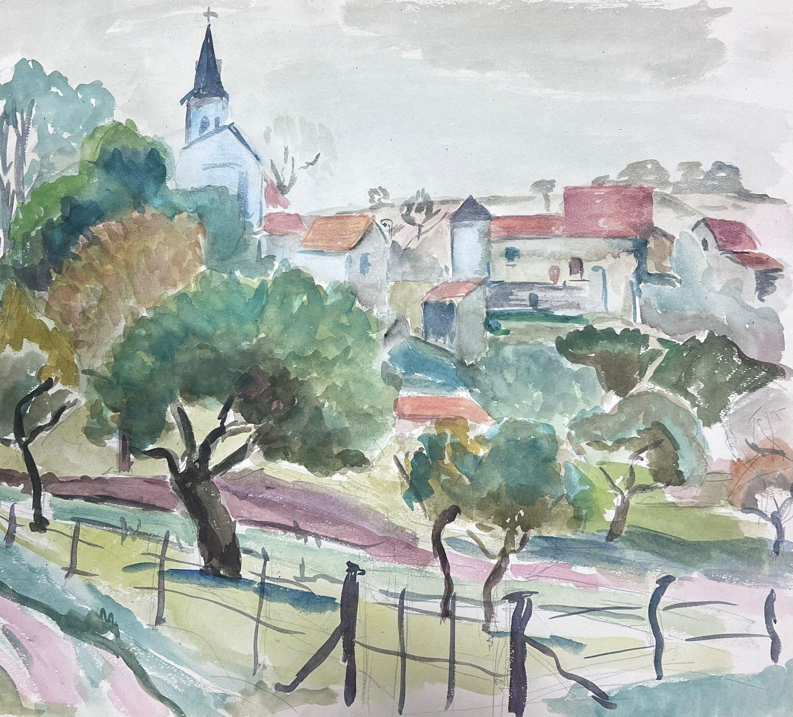 Mid 20th Century Post Impressionist Painting Gated Field Behind French Town: French Landscape by Guy Nicod (French 1923 - 2021) watercolour on artist paper, unframed painting : 15 x 17 inches provenance: artists estate, France condition: very good and sound condition