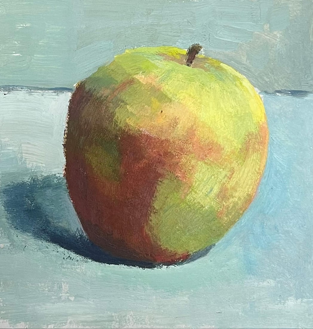 French Oil Simple Still Life Painting of an Apple: Apple Still Life Guy Nicod (French 1923 - 2021) oil on artist paper, unframed painting : 10 x 10 inches provenance: artists estate, France condition: very good and sound condition