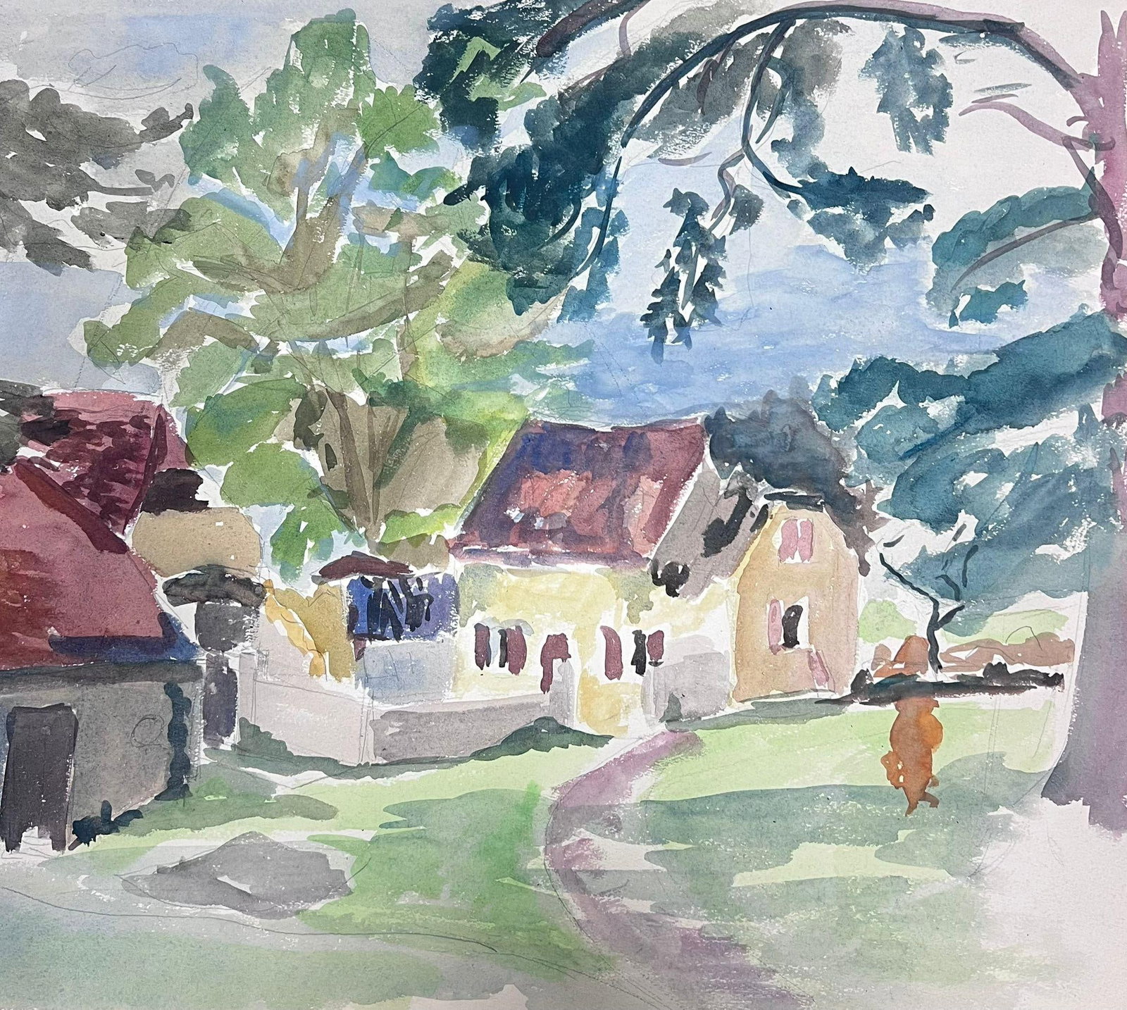 Mid 20th Century French Post Impressionist Painting Coastal Track To Cottage: French Landscape by Guy Nicod (French 1923 - 2021) watercolour on artist paper, unframed painting : 15 x 16.75 inches provenance: artists estate, France condition: very good and sound condition