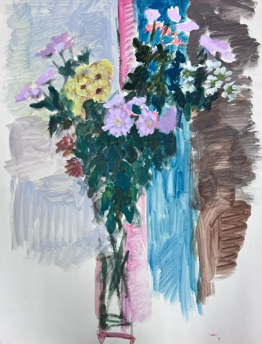 French 20th Century Modernist Painting Flowers In Clear Glass Vase Abstract: Flower Abstract by Guy Nicod (French 1923 - 2021) gouache on artist paper, unframed painting : 25 x 19.5 inches stamped verso provenance: artists estate, France condition: very good and sound conditio