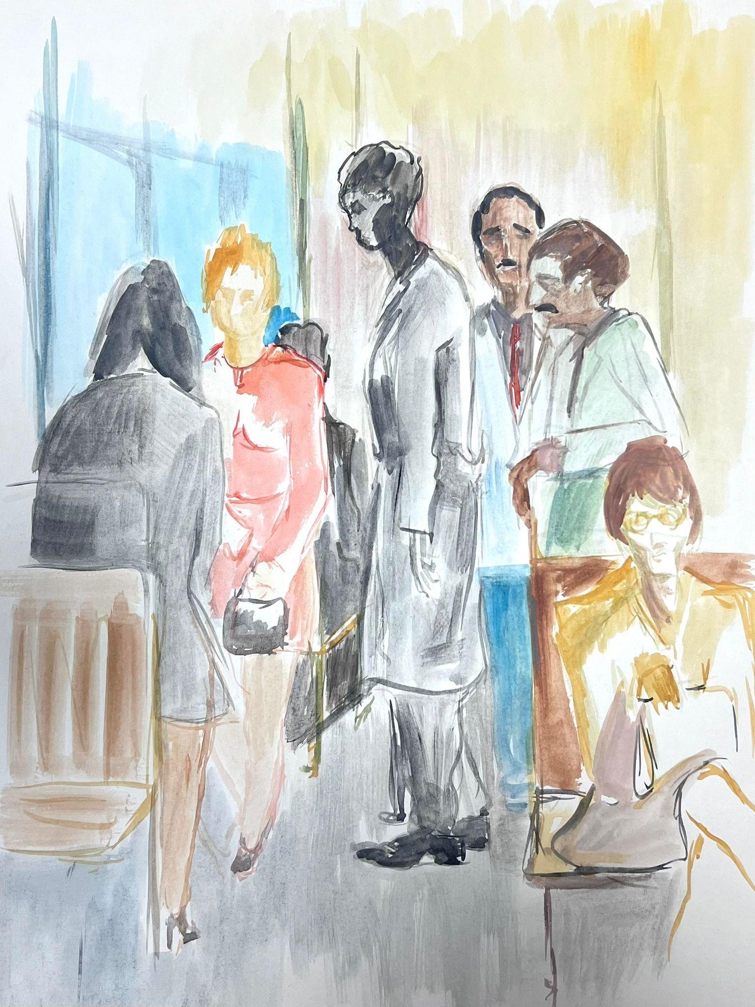 20th Century French Painting Figures In Waiting Room Watercolour: French Expressionist by Guy Nicod (French 1923 - 2021) watercolour on artist paper, unframed painting : 19 x 15.5 inches provenance: artists estate, France condition: very good and sound condition