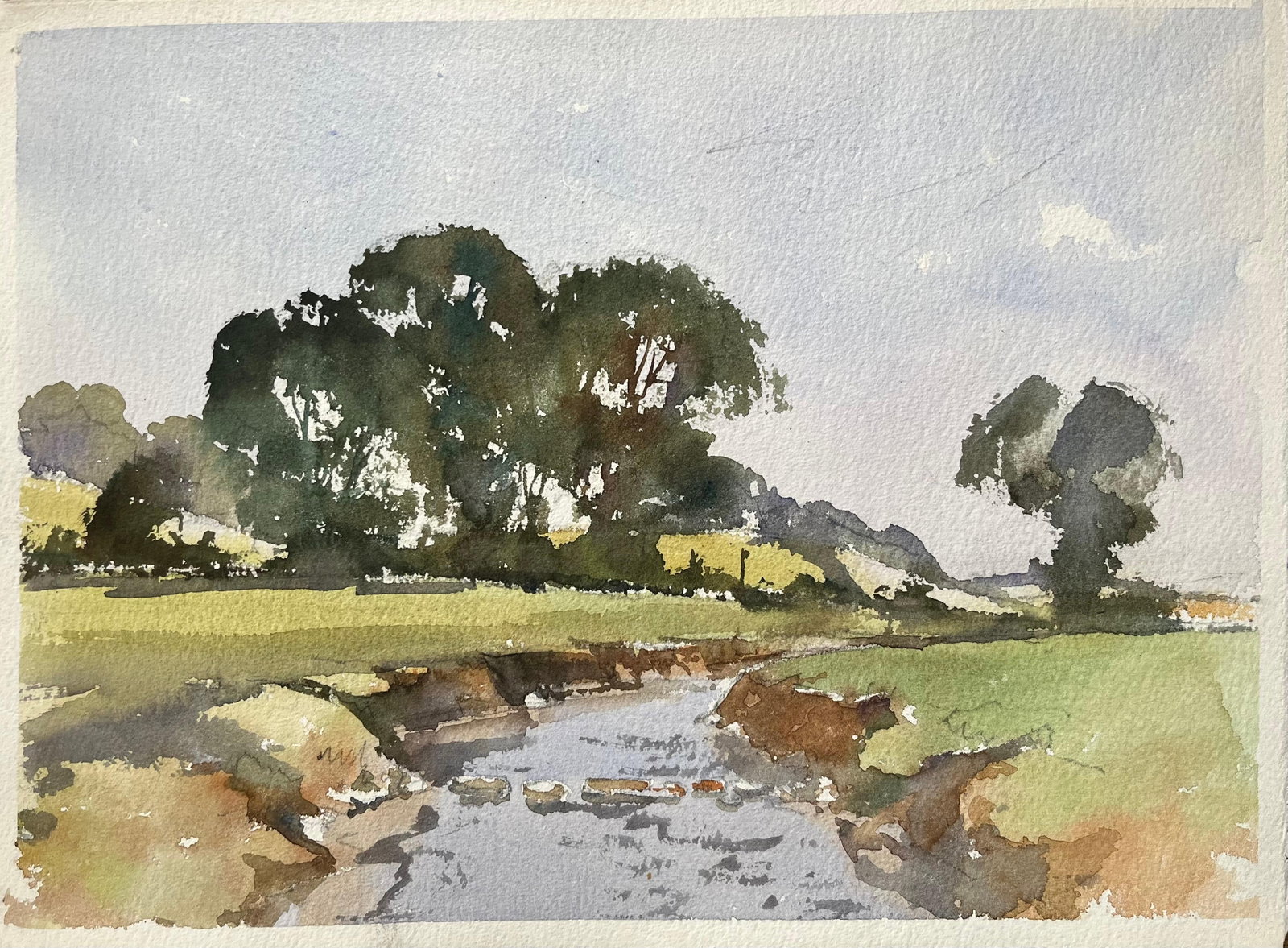 British Impressionist Watercolor of a Scenic Countryside Stream with Lush Trees (1 of 7)