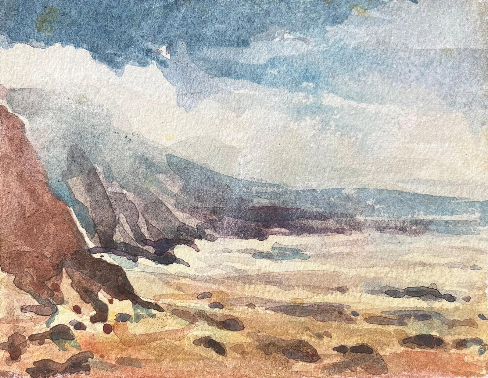 French Impressionist Watercolor of a Coastal Landscape with Cliffs: Title: French Impressionist Watercolor of a Coastal Landscape with Cliffs By Maurice Mazeilie (French 1924-2021) Medium: Watercolor on paper, unframed Size: 4.75 x 6.5 inches (Height x Width) Stamped: