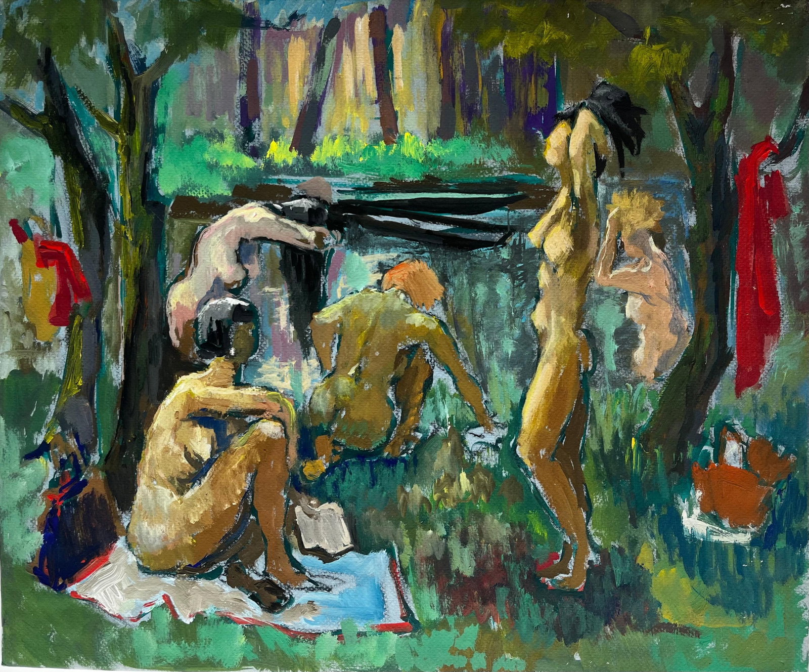 Nude Bathers by the River French Modern Oil Painting by Guy Nicod: Title: Nude Bathers by the River French Modern Oil Painting by Guy Nicod Guy Nicod (French 1923 - 2021) Oil on artist paper attached to a board, unframed Size: 16.5 x 19.75 inches (height x width) Pro