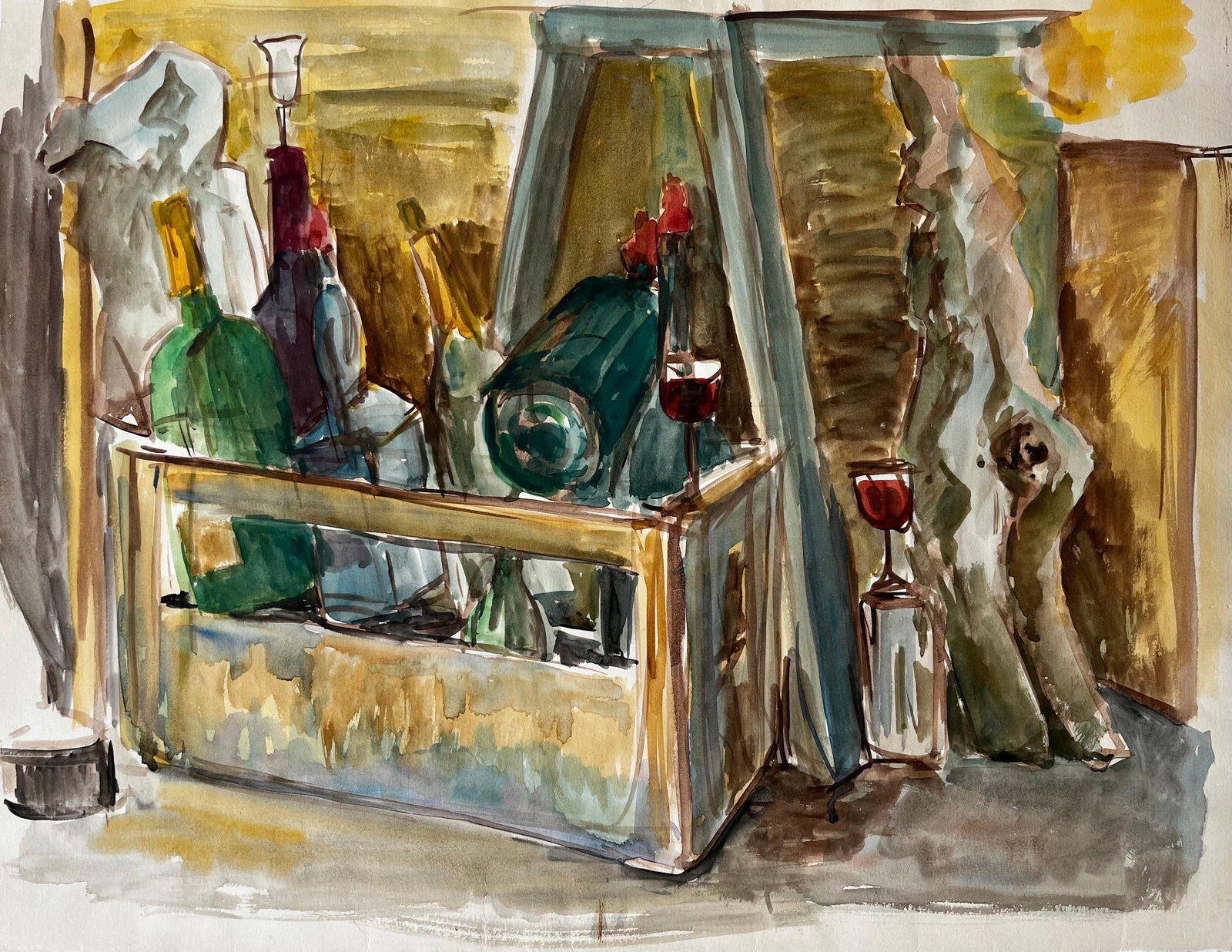 French Modernist Still Life With Wine Bottles Glasses And Wooden Crate: Title: French Modernist Still Life With Wine Bottles Glasses And Wooden Crate Guy Nicod (French 1923 - 2021) Watercolour on artist paper, unframed Size: 19.25 x 25.25 inches (height x width) Provenanc