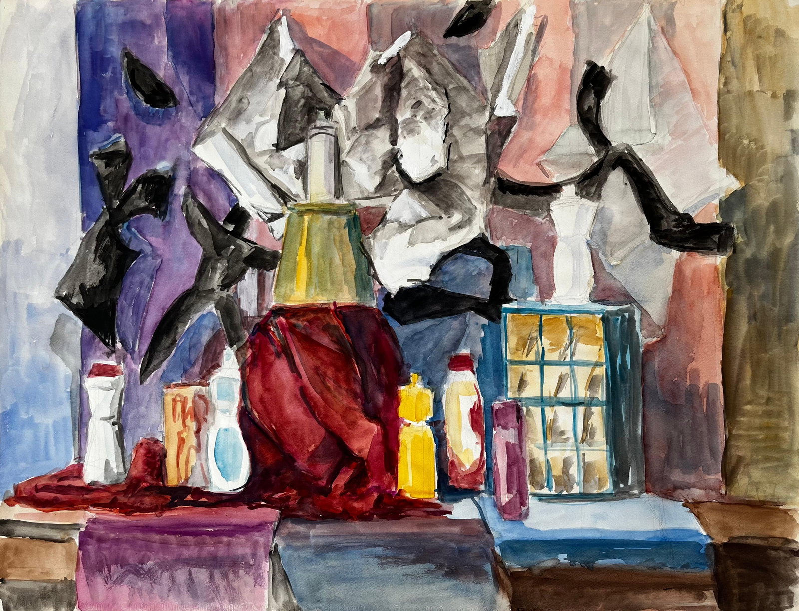 French Cubist Still Life With Bottles Draped Cloth And Abstract Background: Title: French Cubist Still Life With Bottles Draped Cloth And Abstract Background Guy Nicod (French 1923 - 2021) Watercolour on artist paper, unframed Size: 19.75 x 25.5 inches (height x width) Proven