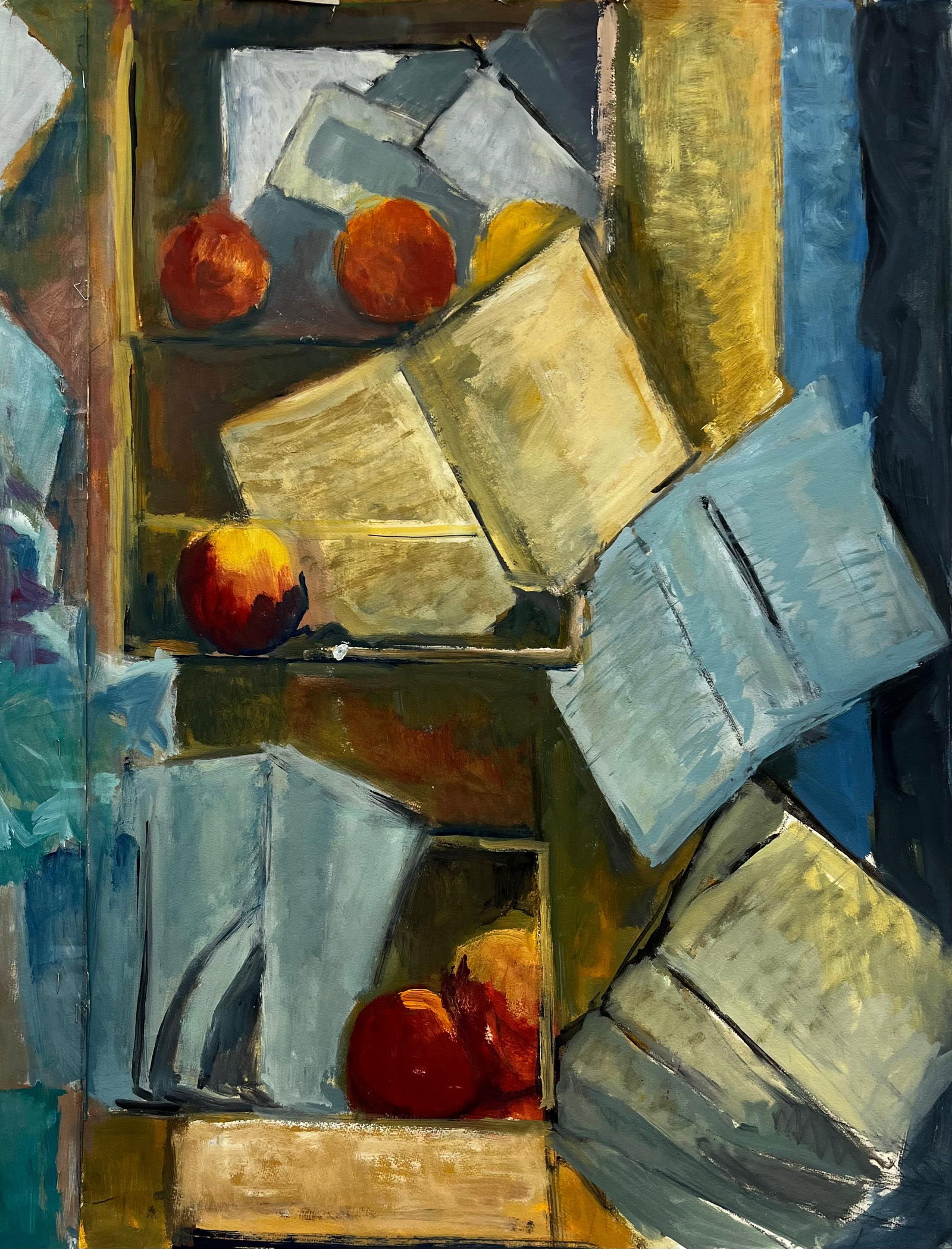 Abstract Still Life with Books Papers and Apples French Modernist Gouache: Title: Abstract Still Life with Books Papers and Apples French Modernist Gouache Guy Nicod (French 1923 - 2021) Gouache on artist paper, unframed Size: 27.75 x 19.5 inches (height x width) Provenance: