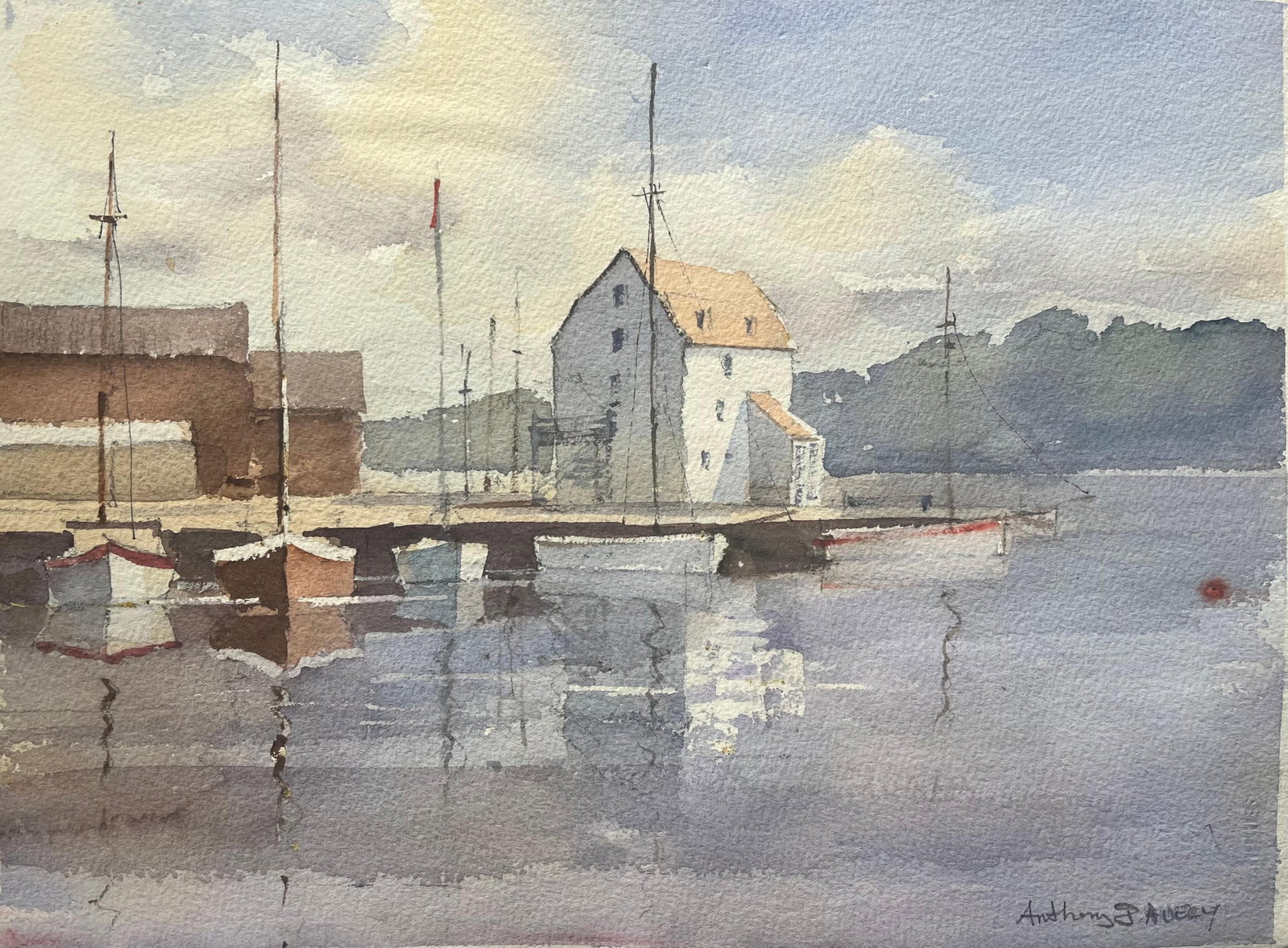 British Impressionist Watercolor of Coastal Harbour with Sailboats: Title: British Impressionist Watercolor of Coastal Harbour with Sailboats by Anthony Avery (British 1946-2023) original watercolor on artists paper, unframed Dimensions: 11.5 x 15 inches (Height x Wid