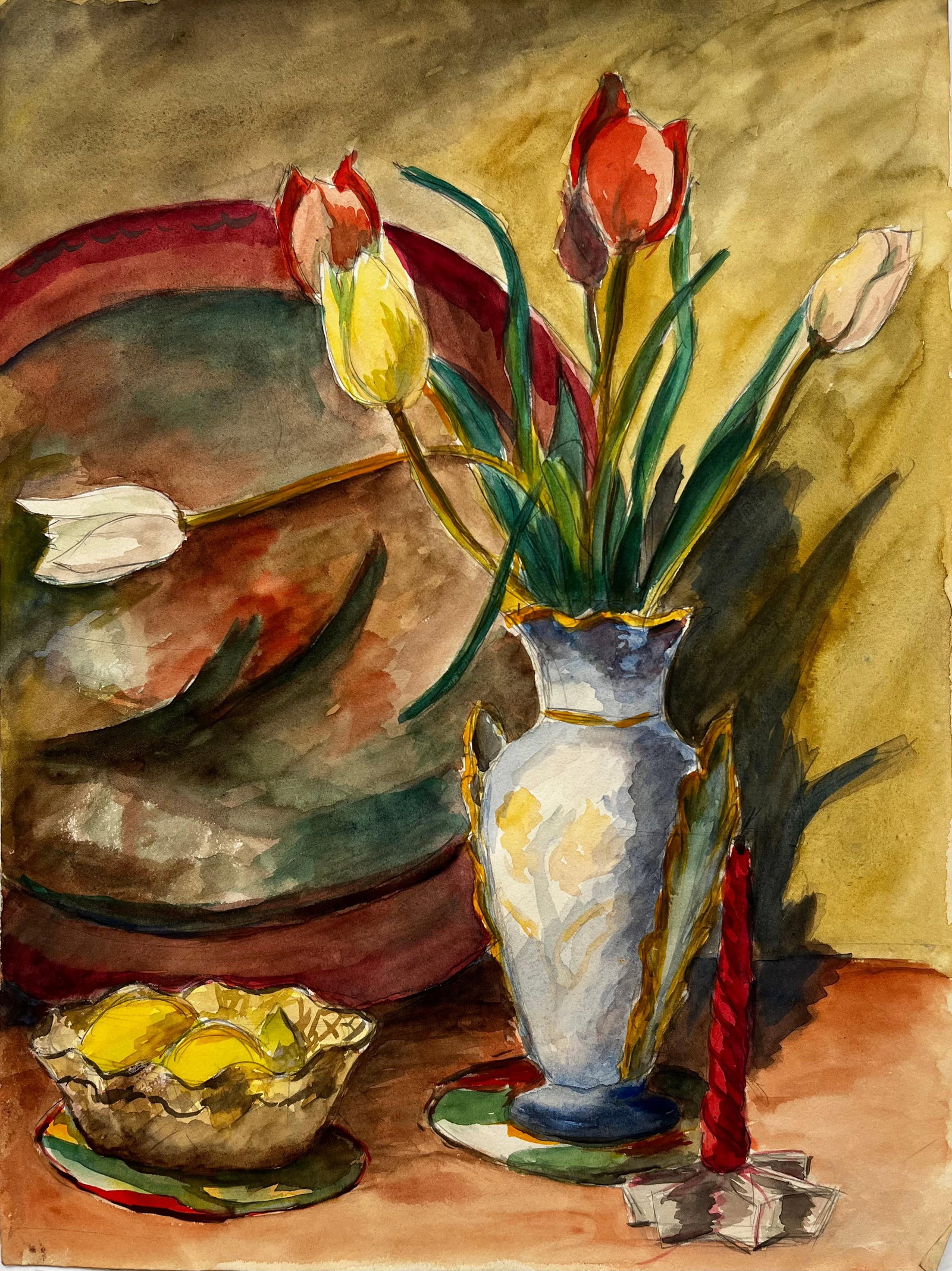 Still Life with Tulips, Lemons and Red Candle French Modernist Gouache: Title: Still Life with Tulips, Lemons and Red Candle French Modernist Gouache Guy Nicod (French 1923 - 2021) Gouache on artist paper, unframed Size: 14.5 x 10.75 inches (height x width) Provenance: Ar